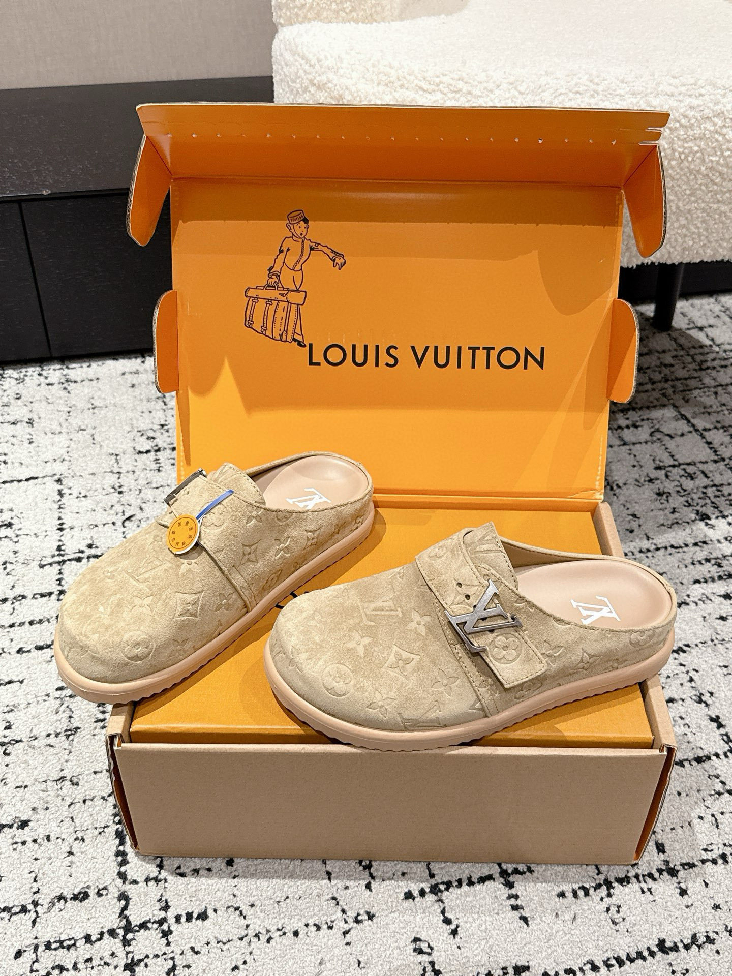 Louis Vuitton Beige Monogram Embossed Suede Mules - Luxury Clogs