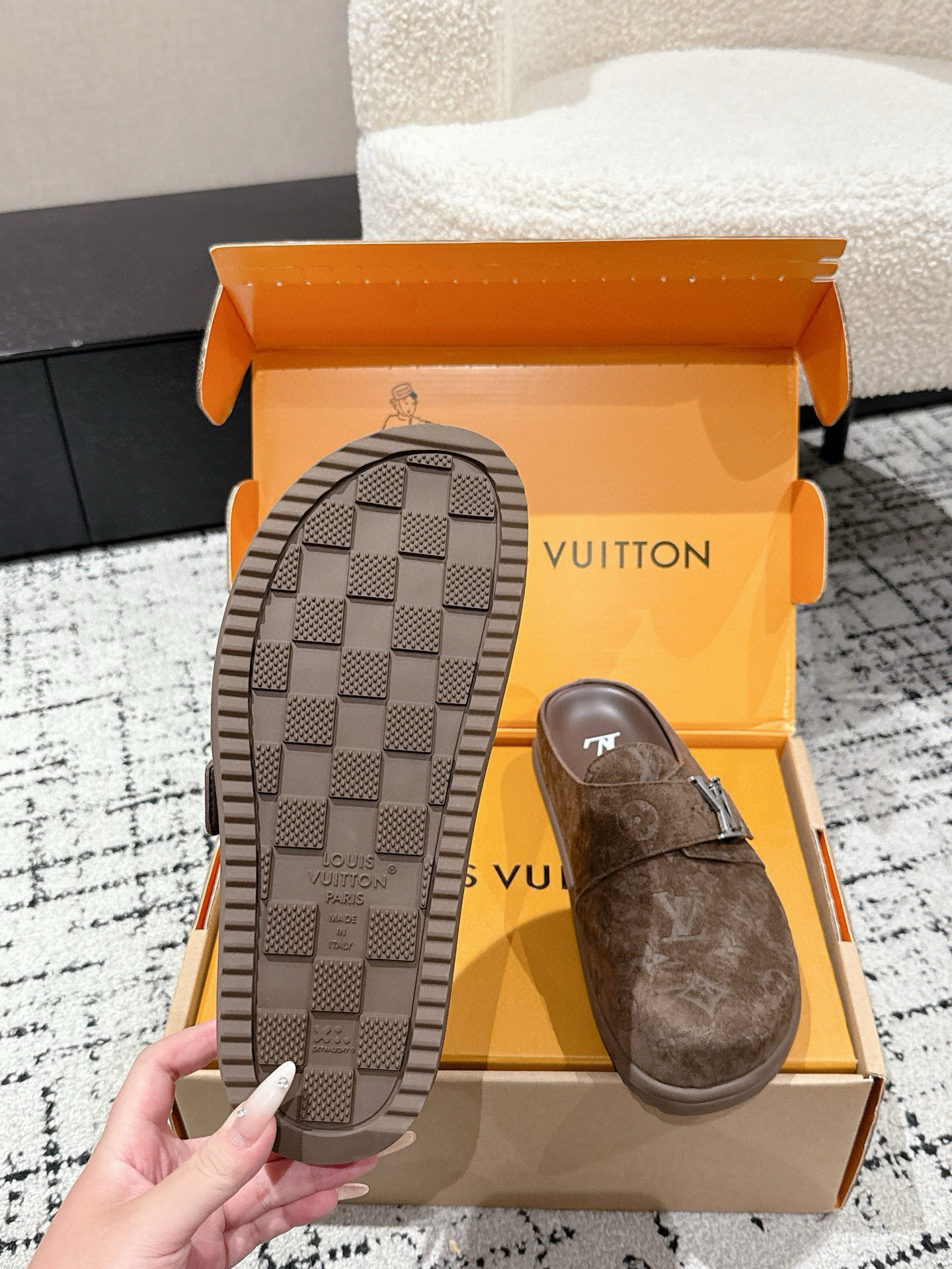 Louis Vuitton Men's Brown Monogram Embossed Suede Mules