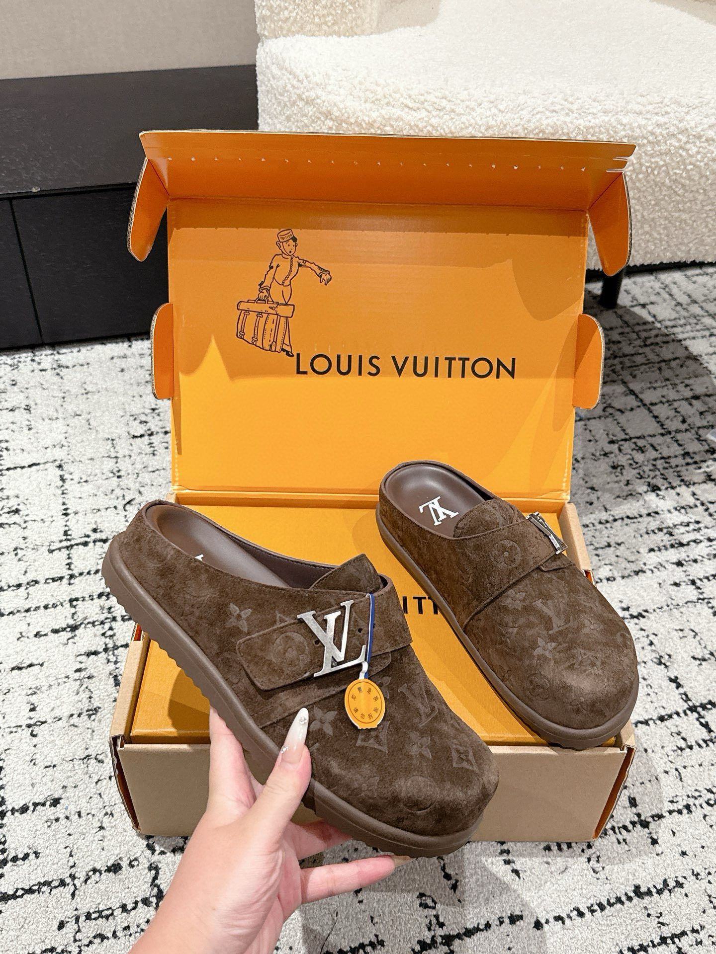 Louis Vuitton Men's Brown Monogram Embossed Suede Mules