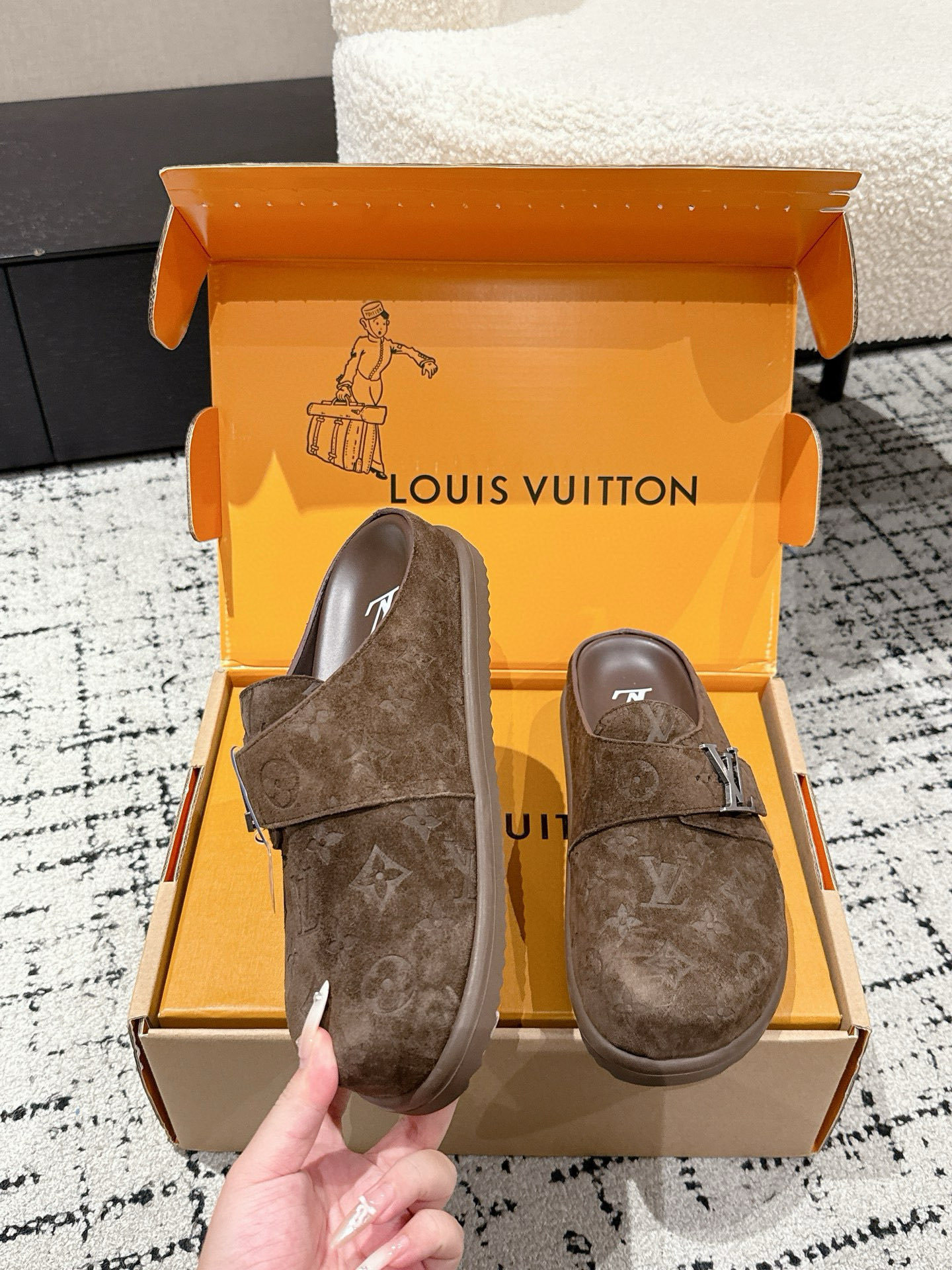 Louis Vuitton Men's Brown Monogram Embossed Suede Mules