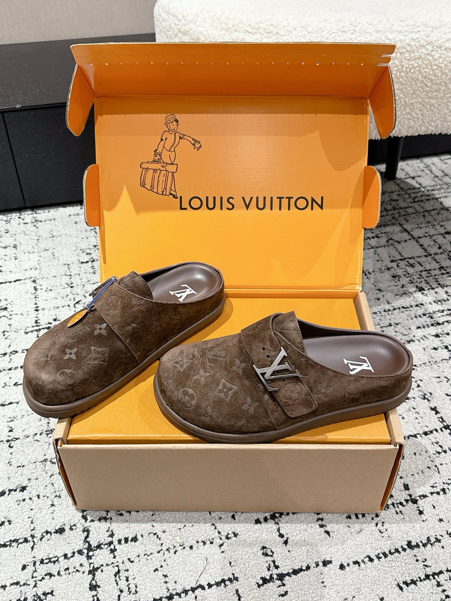 Louis Vuitton Men's Brown Monogram Embossed Suede Mules