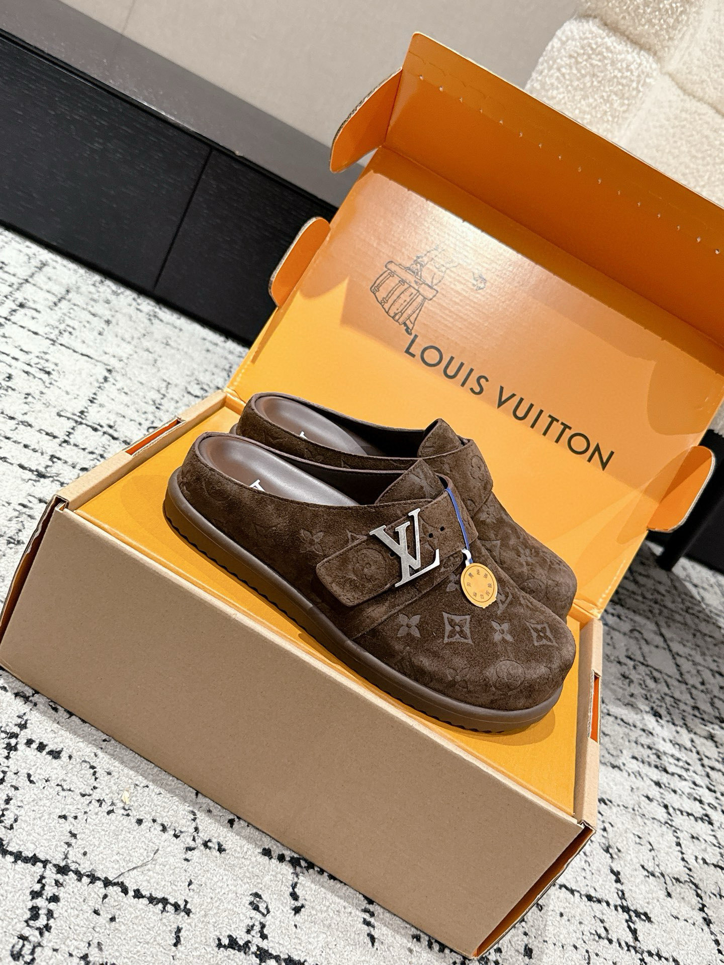 Louis Vuitton Men's Brown Monogram Embossed Suede Mules