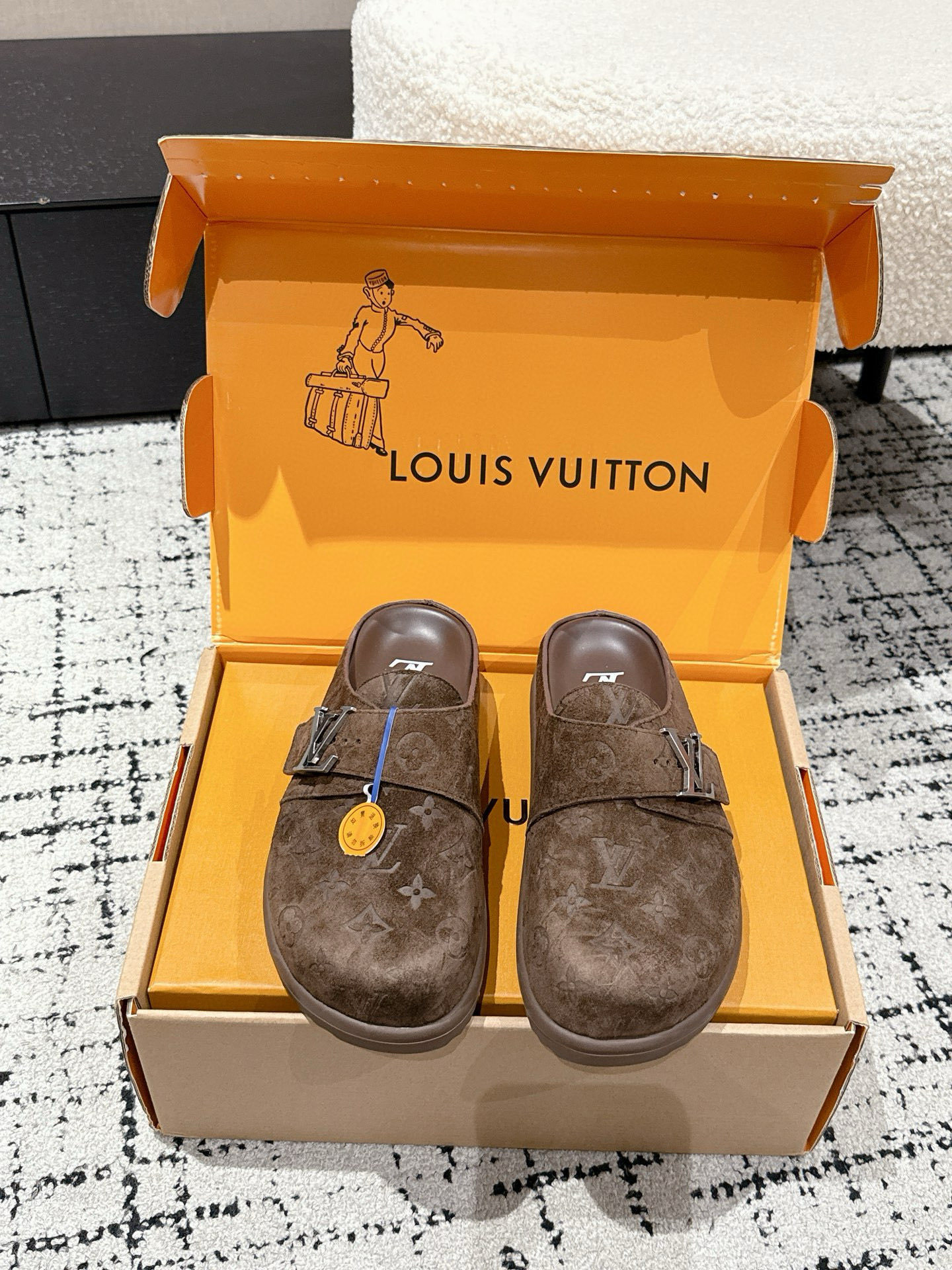 Louis Vuitton Men’s Brown Monogram Embossed Suede Mules