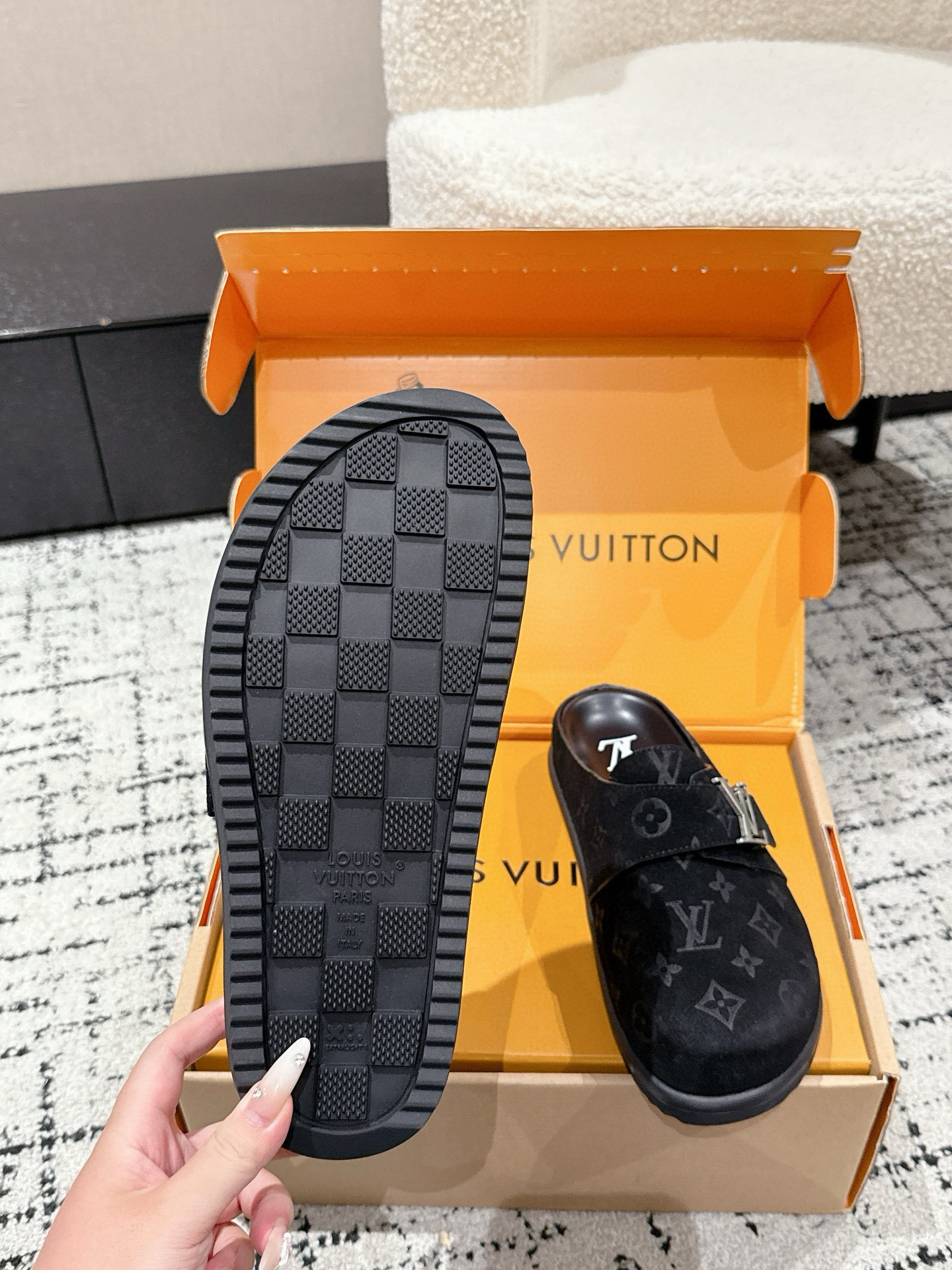 Louis Vuitton Men's Monogram Suede Boston Mules - Black