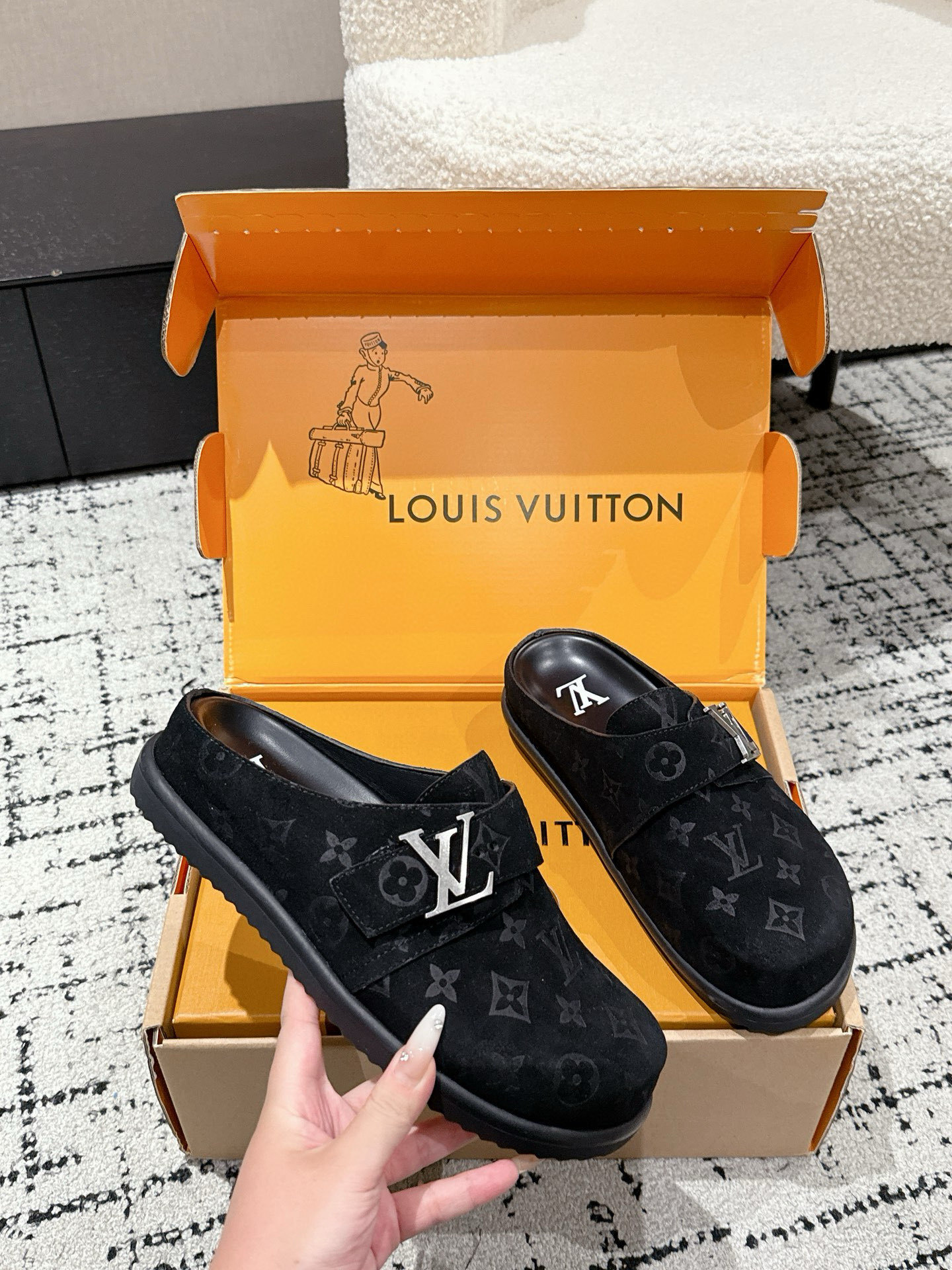 Louis Vuitton Men's Monogram Suede Boston Mules - Black
