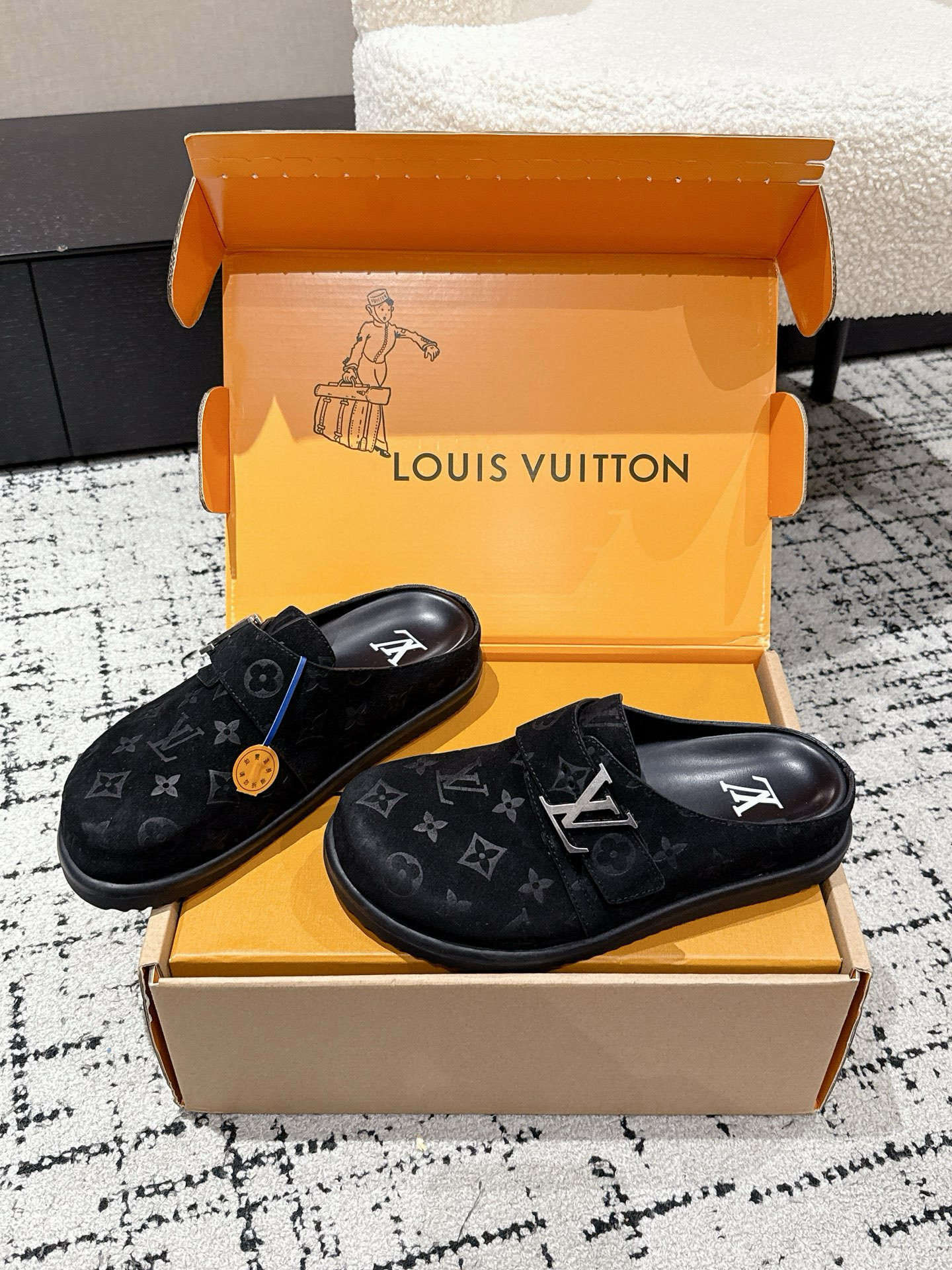Louis Vuitton Men's Monogram Suede Boston Mules - Black