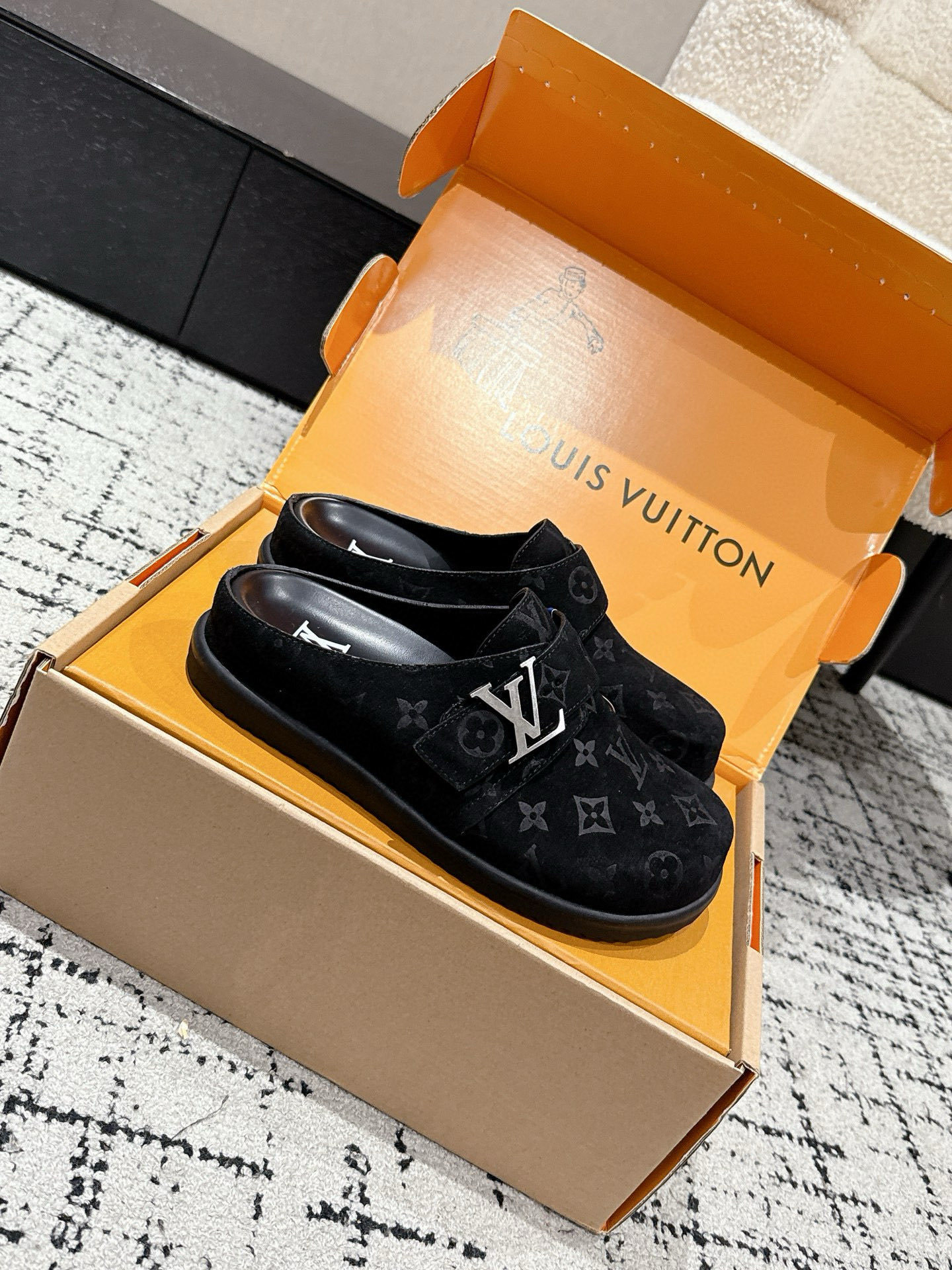 Louis Vuitton Men's Monogram Suede Boston Mules - Black