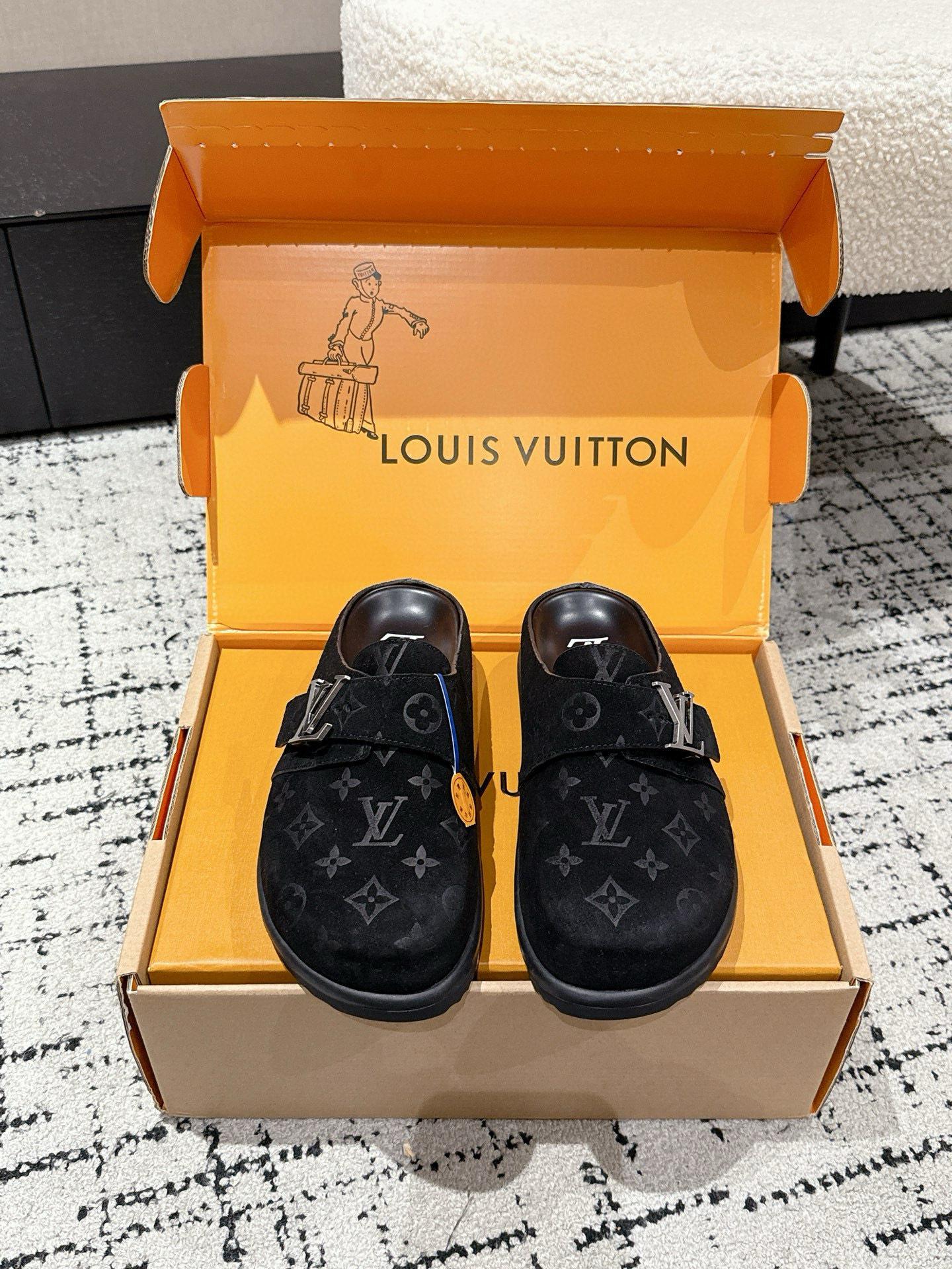 Louis Vuitton Men’s Monogram Suede Boston Mules – Black