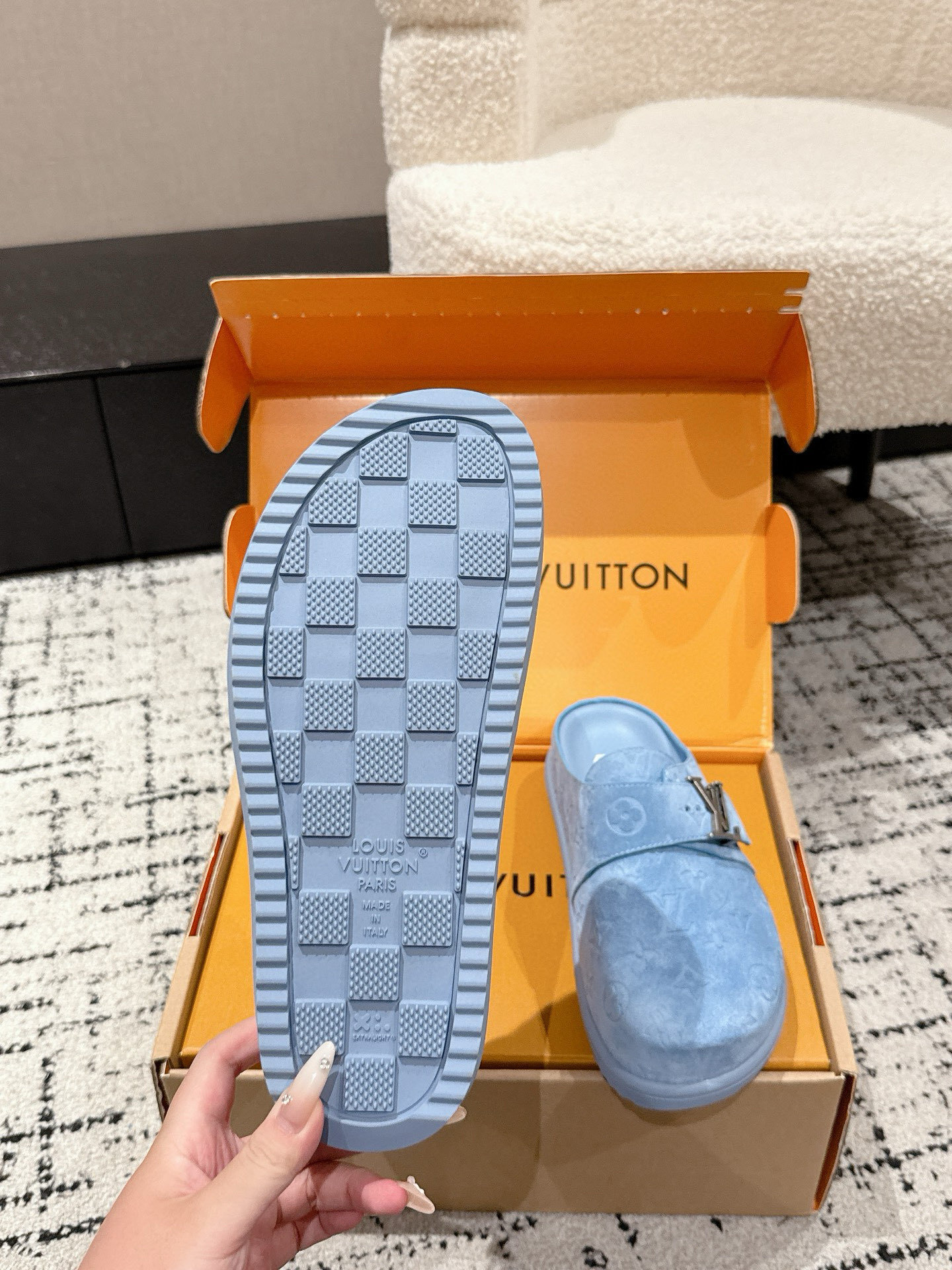 Louis Vuitton Blue Monogram Suede Mules with LV Initial Buckles