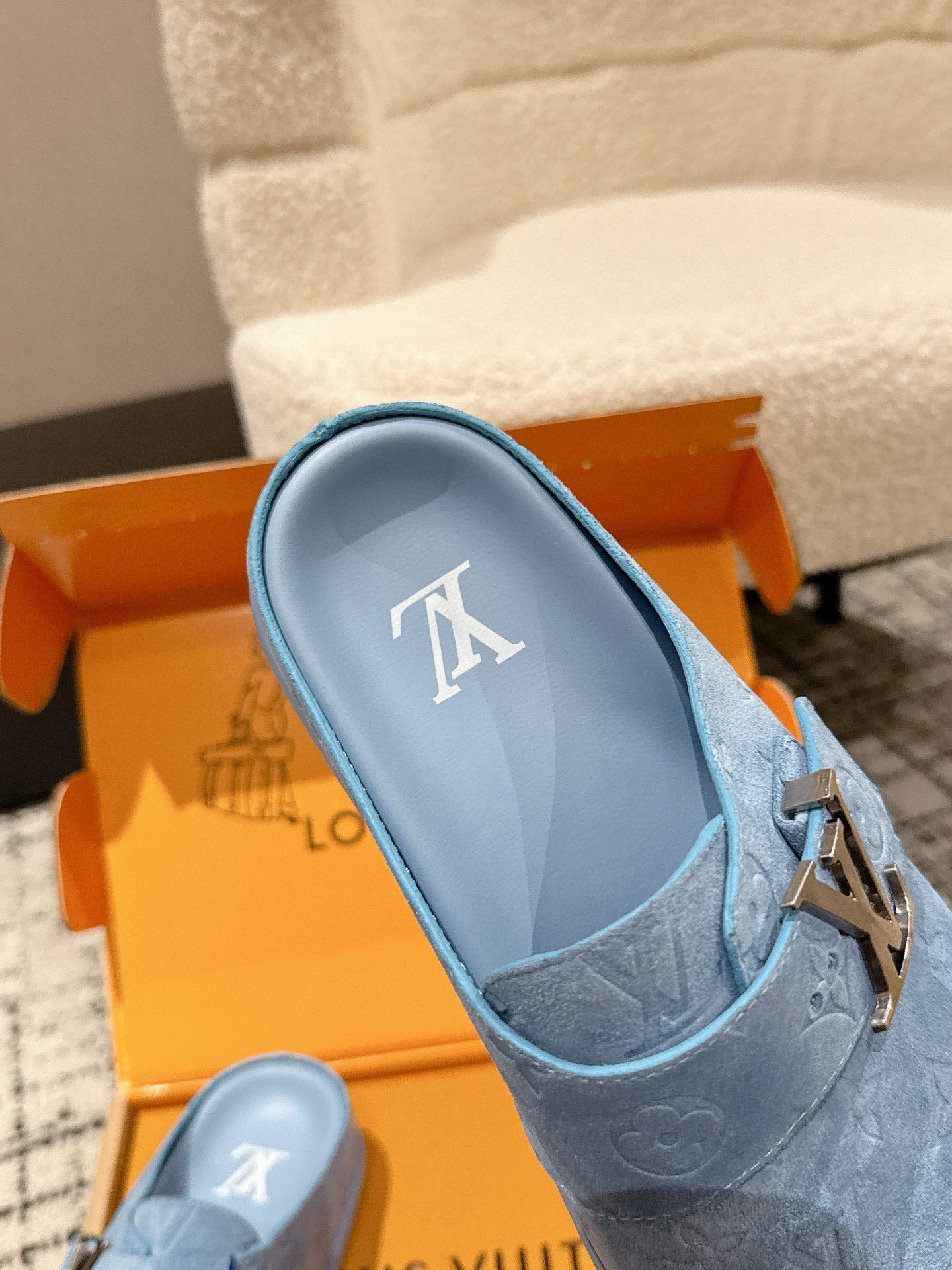 Louis Vuitton Blue Monogram Suede Mules with LV Initial Buckles