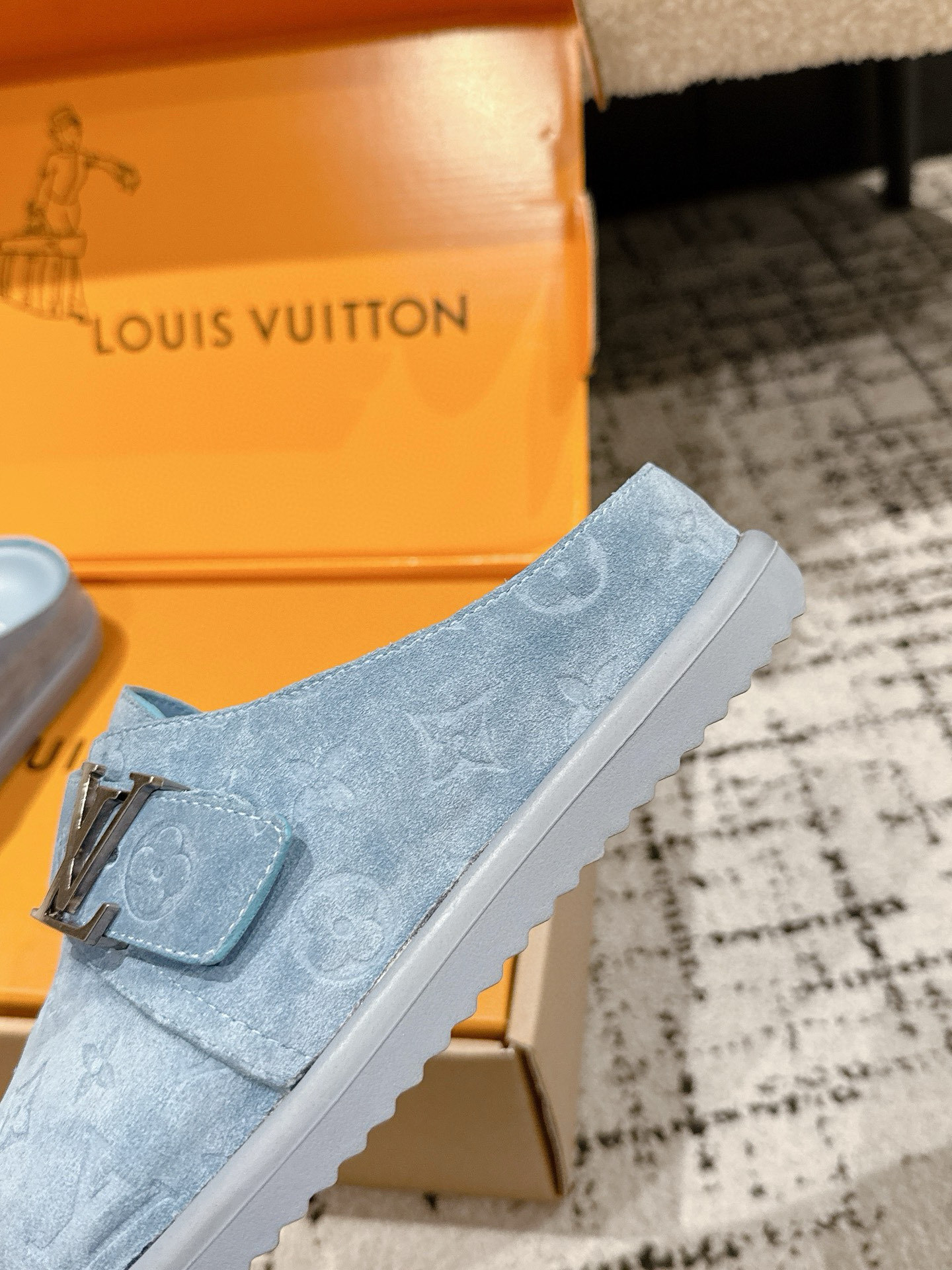 Louis Vuitton Blue Monogram Suede Mules with LV Initial Buckles