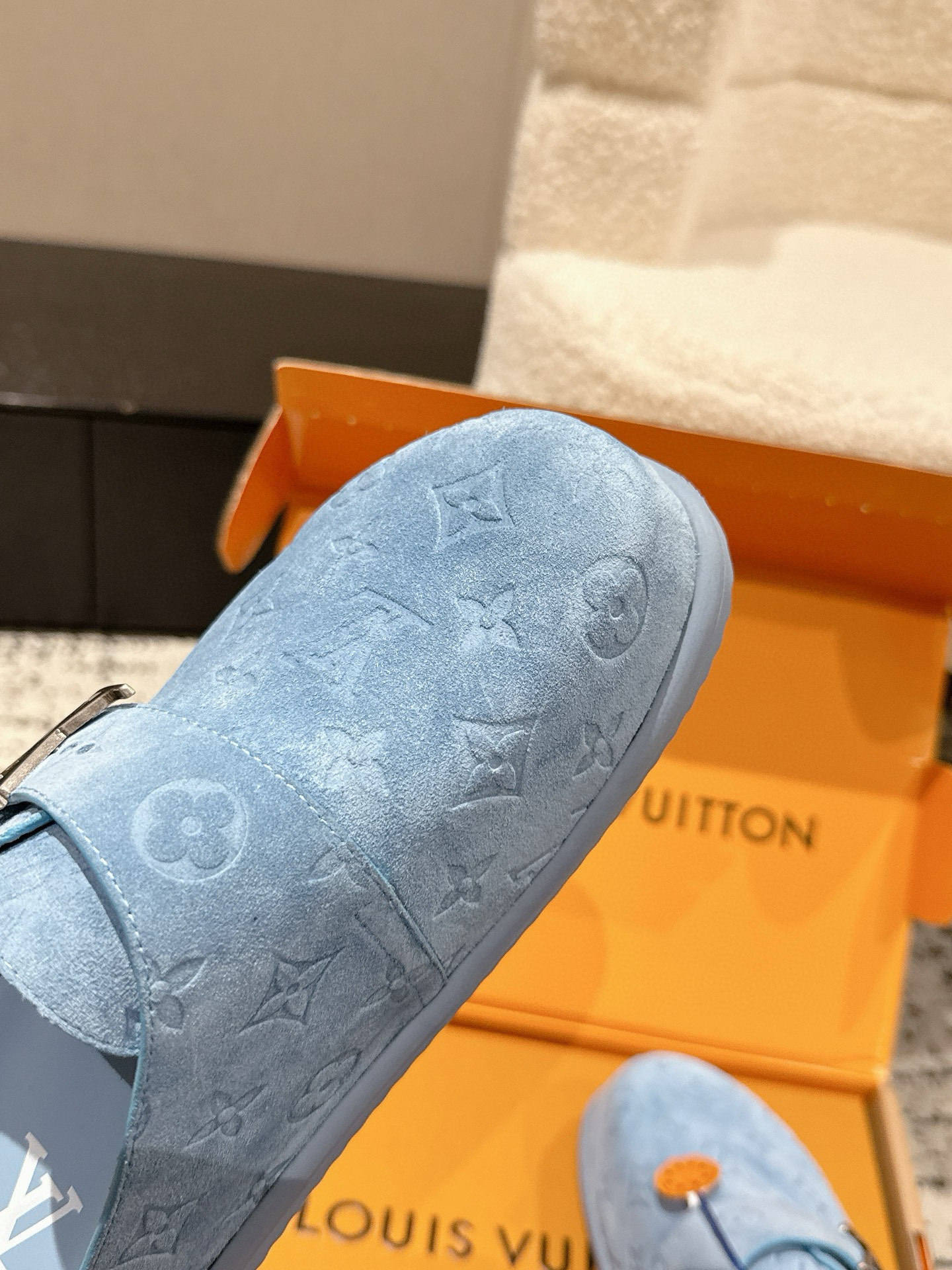 Louis Vuitton Blue Monogram Suede Mules with LV Initial Buckles
