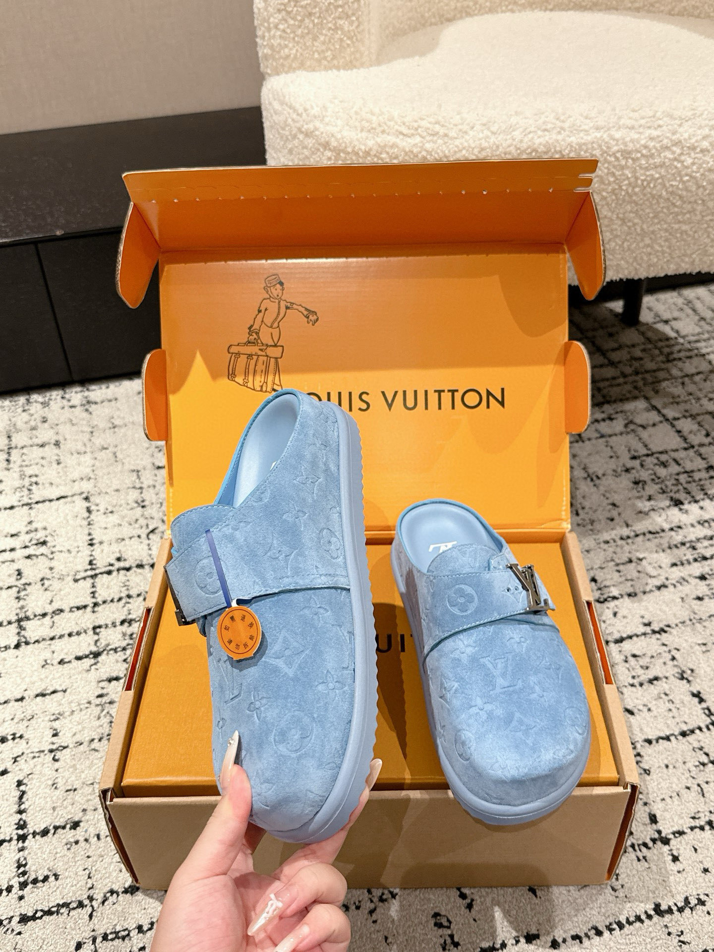 Louis Vuitton Blue Monogram Suede Mules with LV Initial Buckles