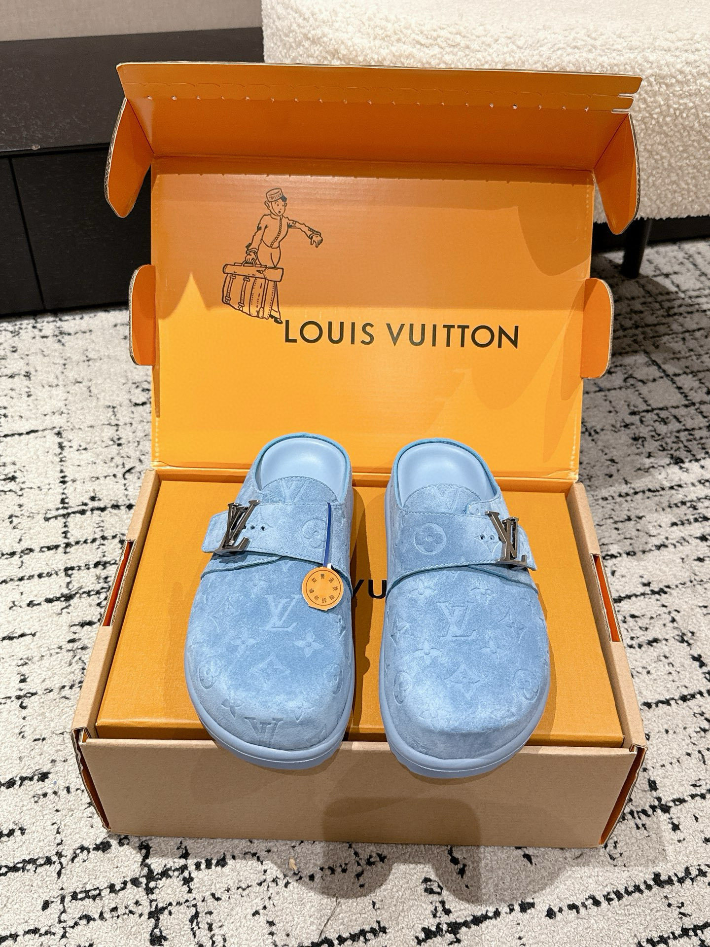 Louis Vuitton Blue Monogram Suede Mules with LV Initial Buckles