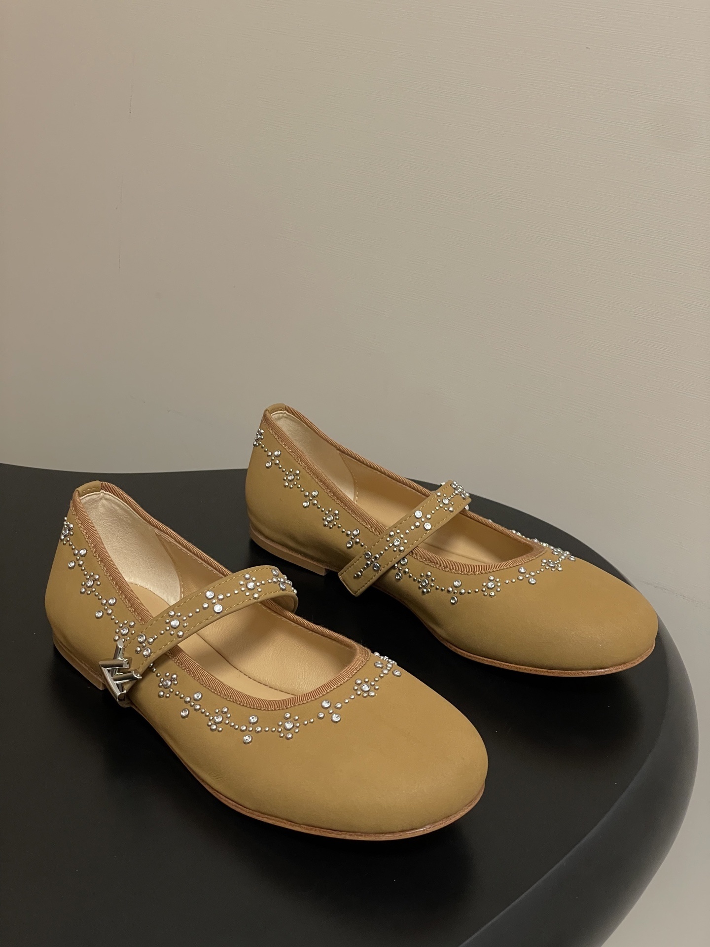 Crystal Embellished Mary Jane Flats – Mustard Yellow Dress Shoes