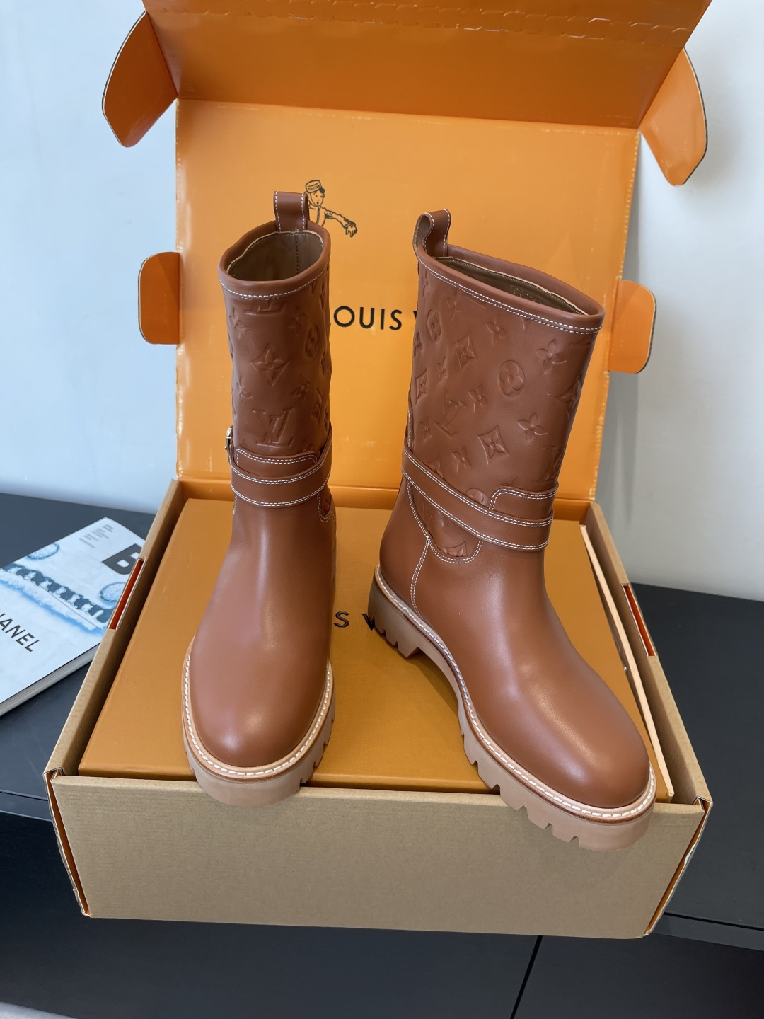 Louis Vuitton Monogram Embossed Brown Leather Ankle Boots