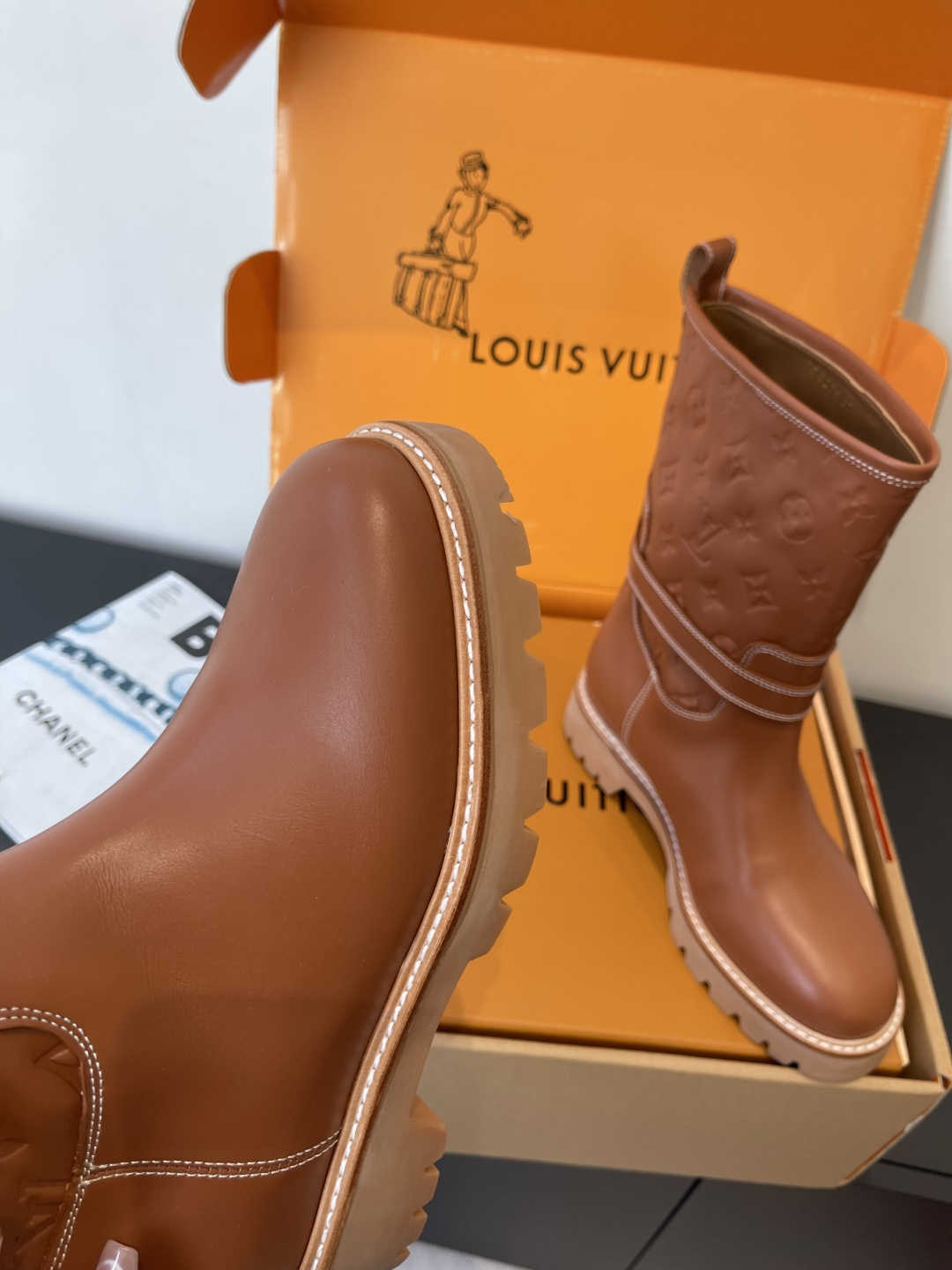 Louis Vuitton Monogram Embossed Brown Leather Ankle Boots