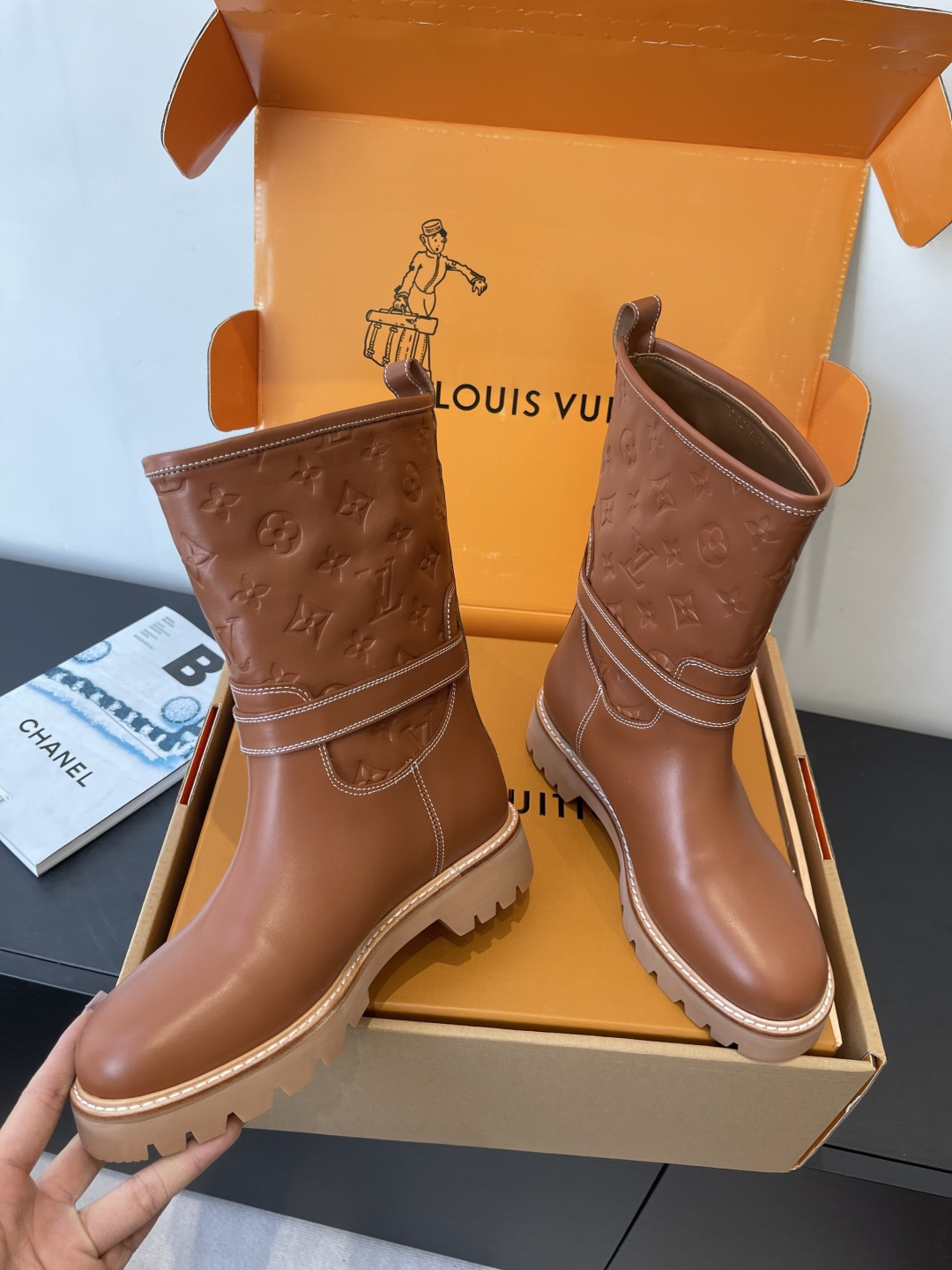Louis Vuitton Monogram Embossed Brown Leather Ankle Boots