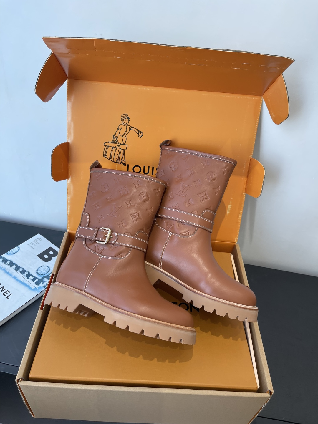 Louis Vuitton Monogram Embossed Brown Leather Ankle Boots