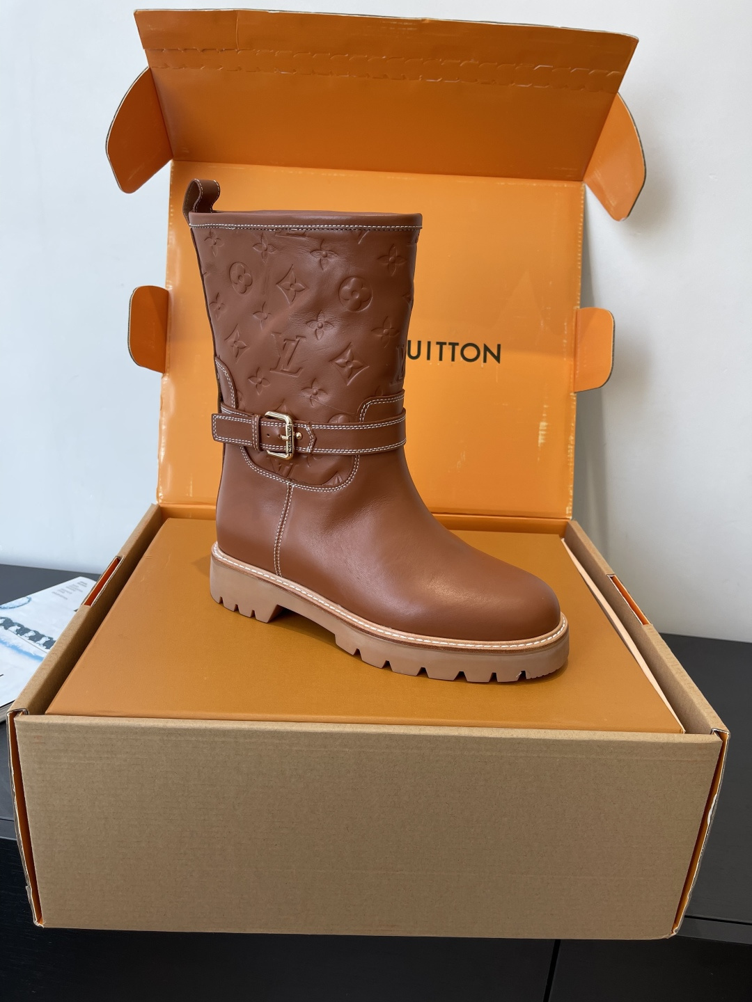 Louis Vuitton Monogram Embossed Brown Leather Ankle Boots