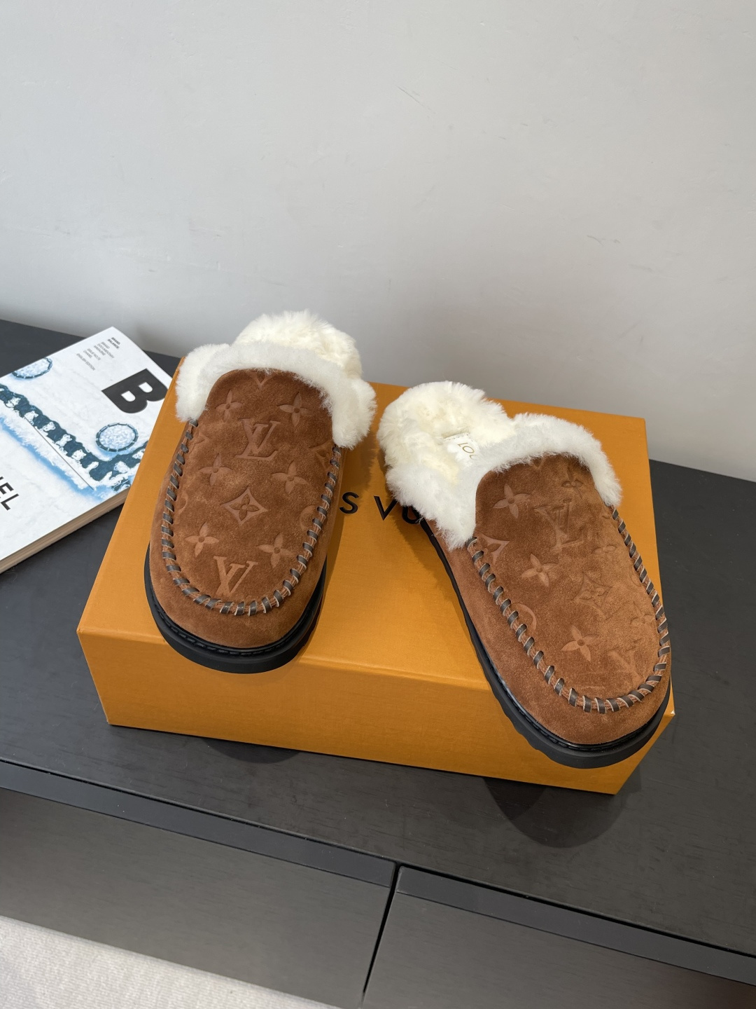 Louis Vuitton Monogram Brown Suede Shearling Mules Luxury Slippers