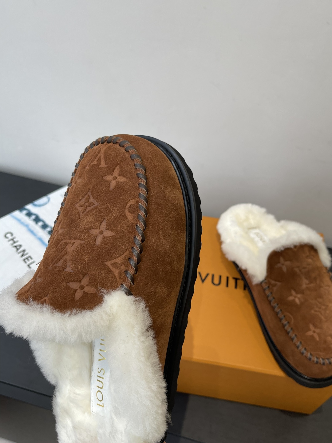 Louis Vuitton Monogram Brown Suede Shearling Mules Luxury Slippers