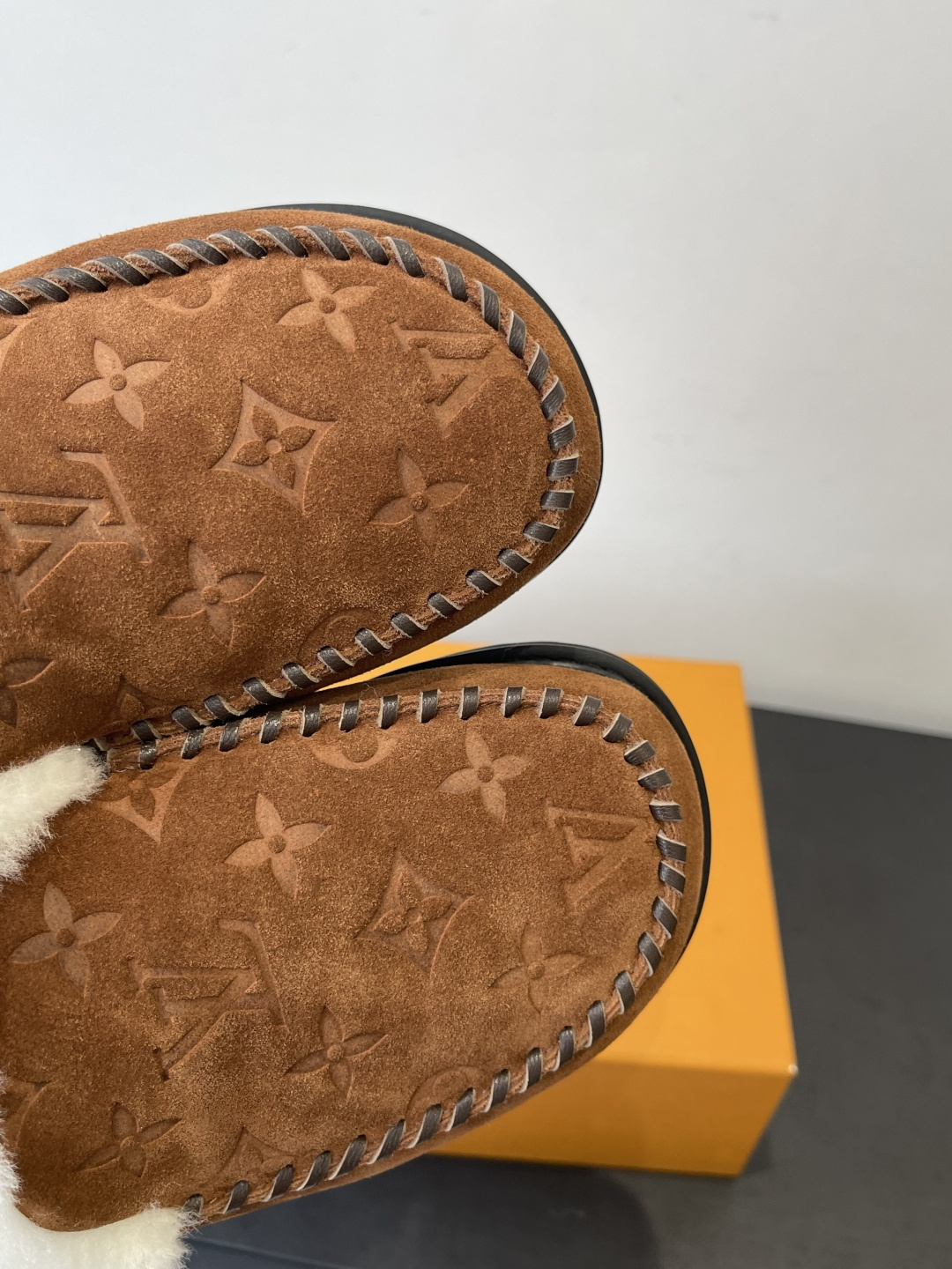 Louis Vuitton Monogram Brown Suede Shearling Mules Luxury Slippers