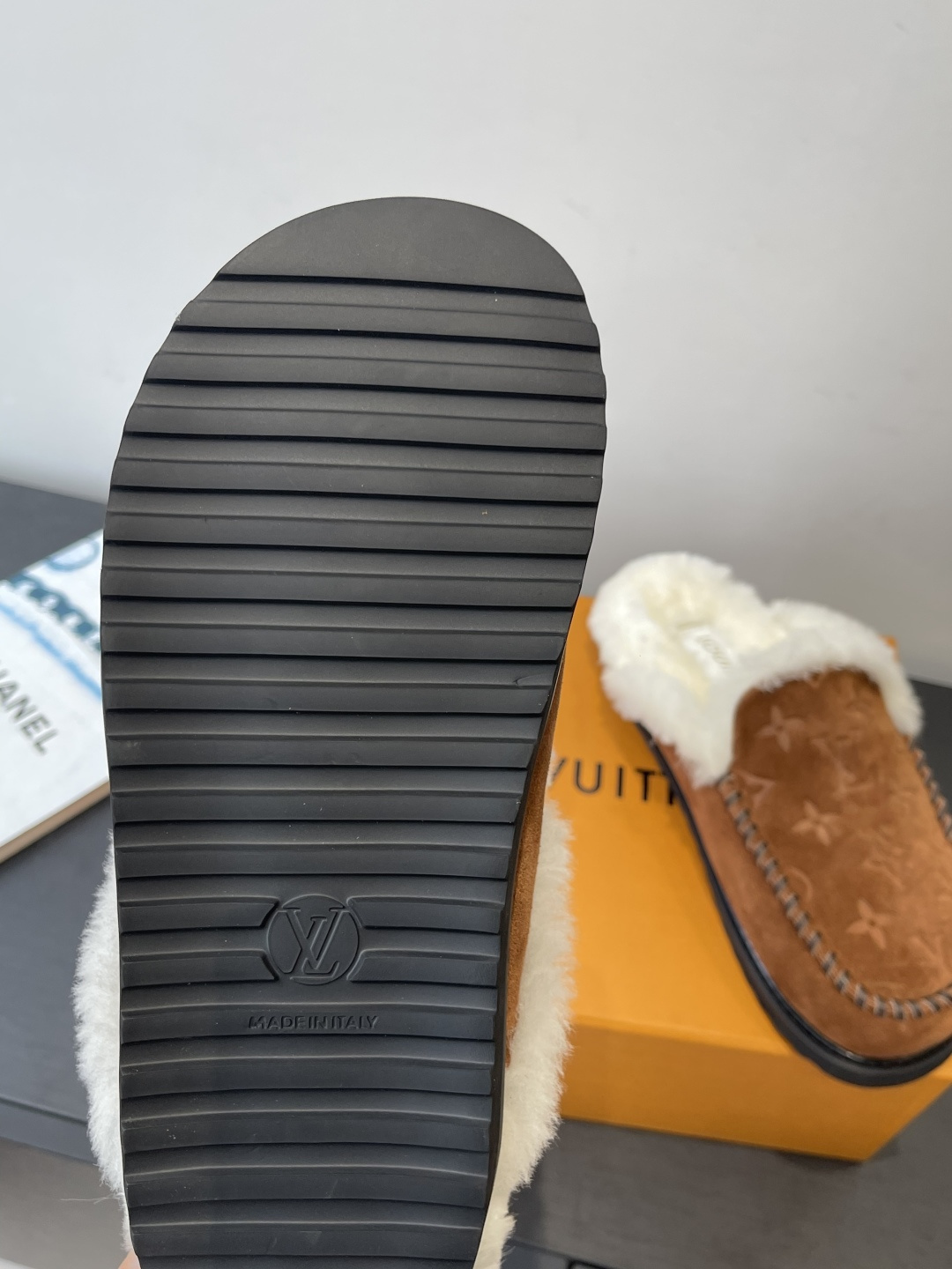 Louis Vuitton Monogram Brown Suede Shearling Mules Luxury Slippers