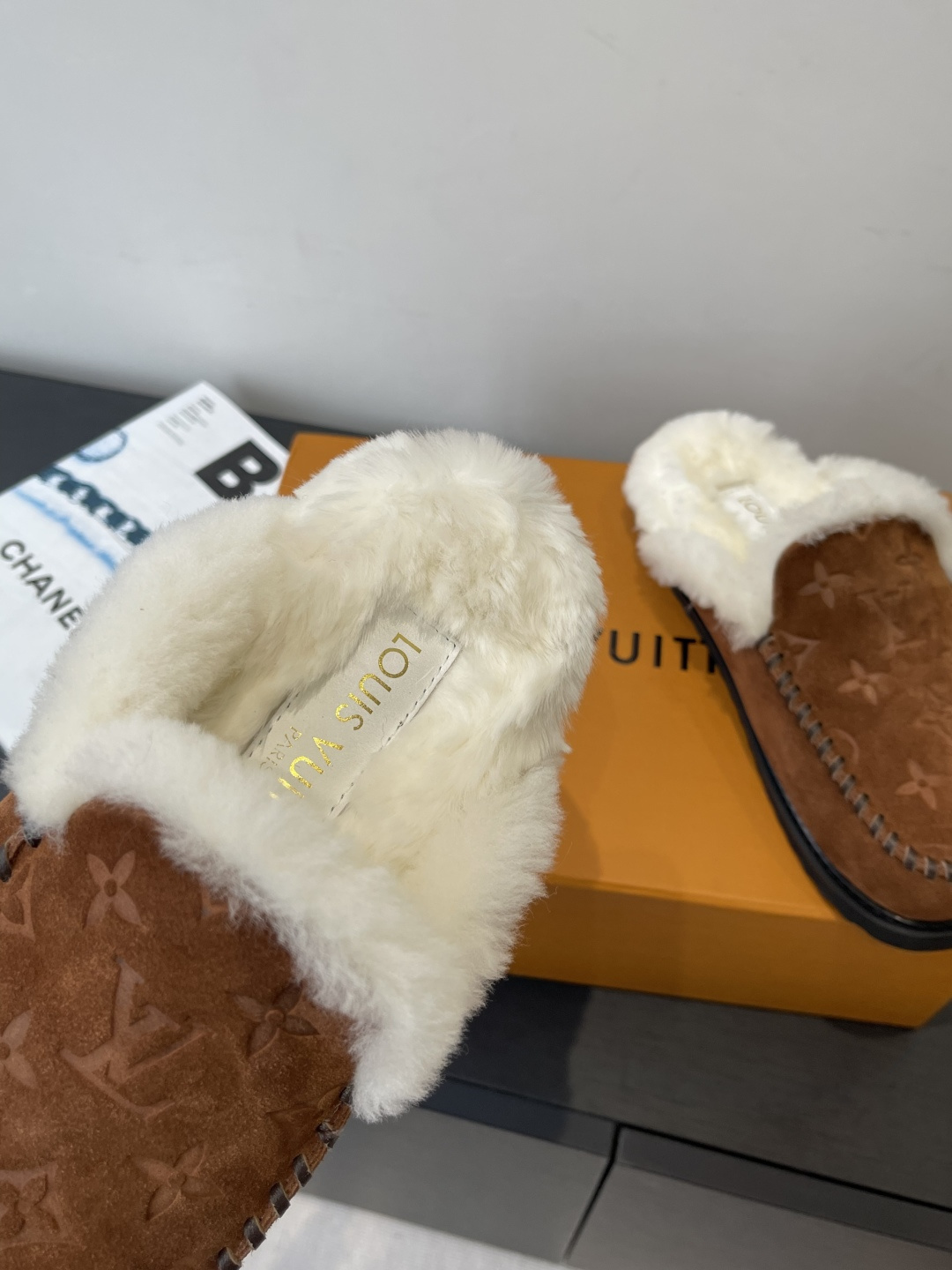 Louis Vuitton Monogram Brown Suede Shearling Mules Luxury Slippers
