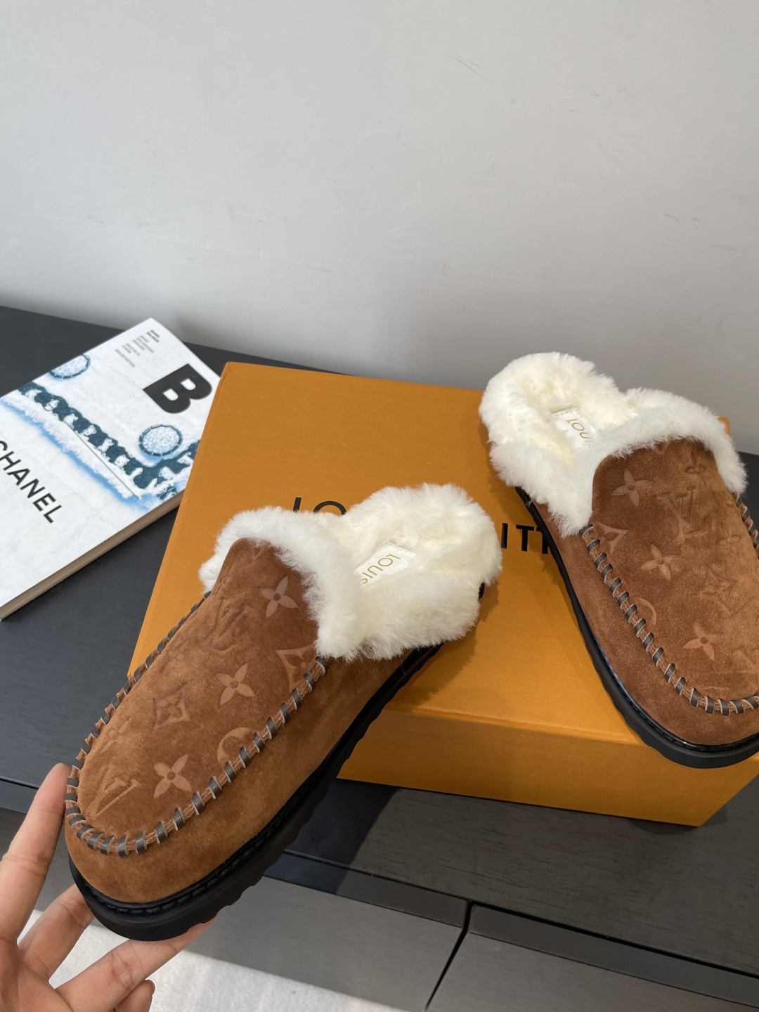 Louis Vuitton Monogram Brown Suede Shearling Mules Luxury Slippers