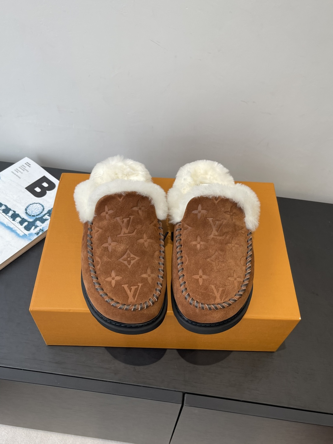 Louis Vuitton Monogram Brown Suede Shearling Mules Luxury Slippers