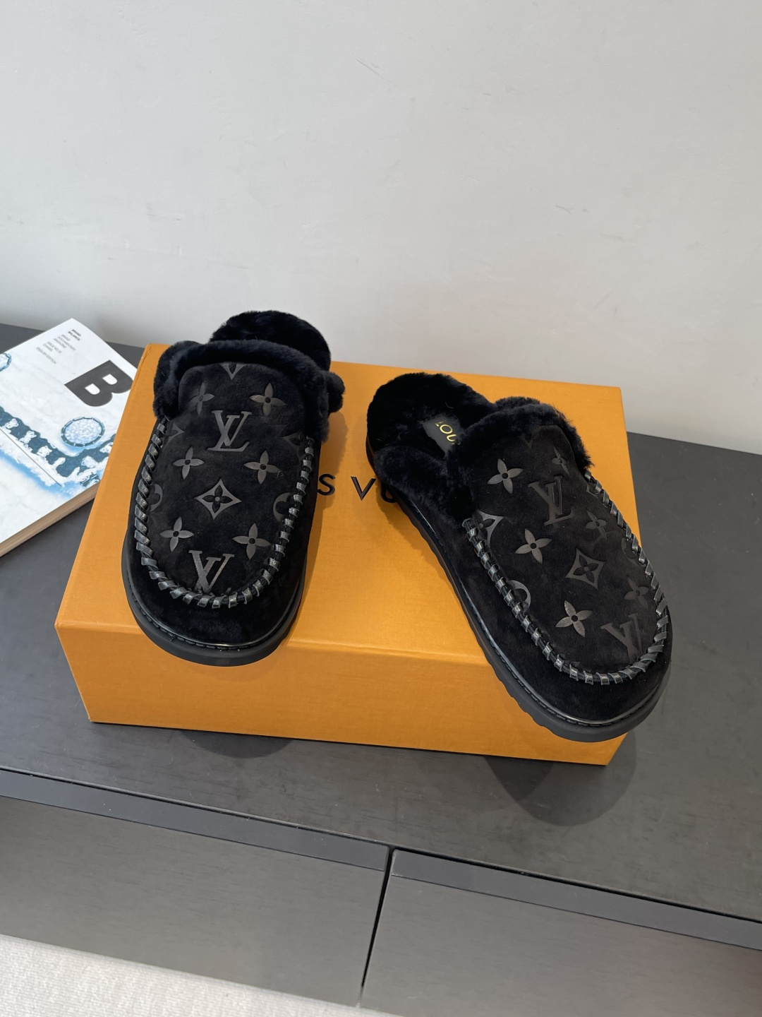Louis Vuitton Black Monogram Suede Slippers with Fur Lining