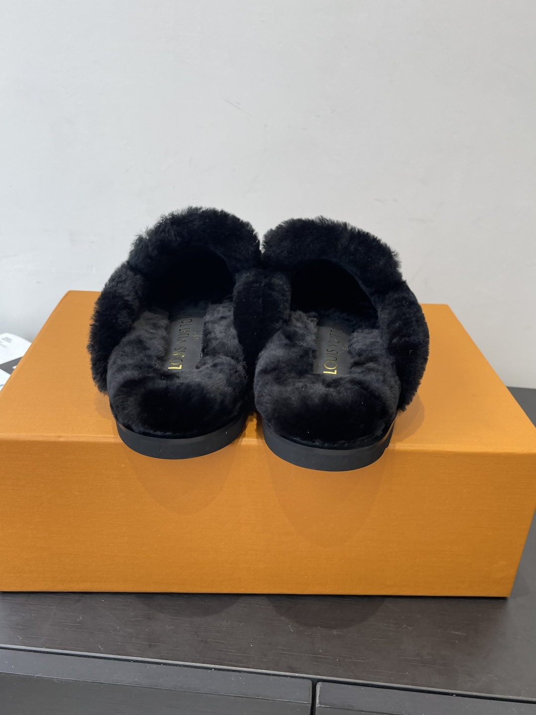 Louis Vuitton Black Monogram Suede Slippers with Fur Lining