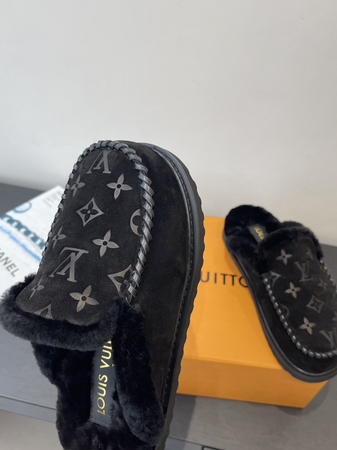 Louis Vuitton Black Monogram Suede Slippers with Fur Lining