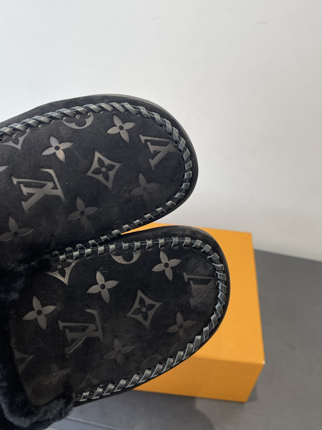 Louis Vuitton Black Monogram Suede Slippers with Fur Lining
