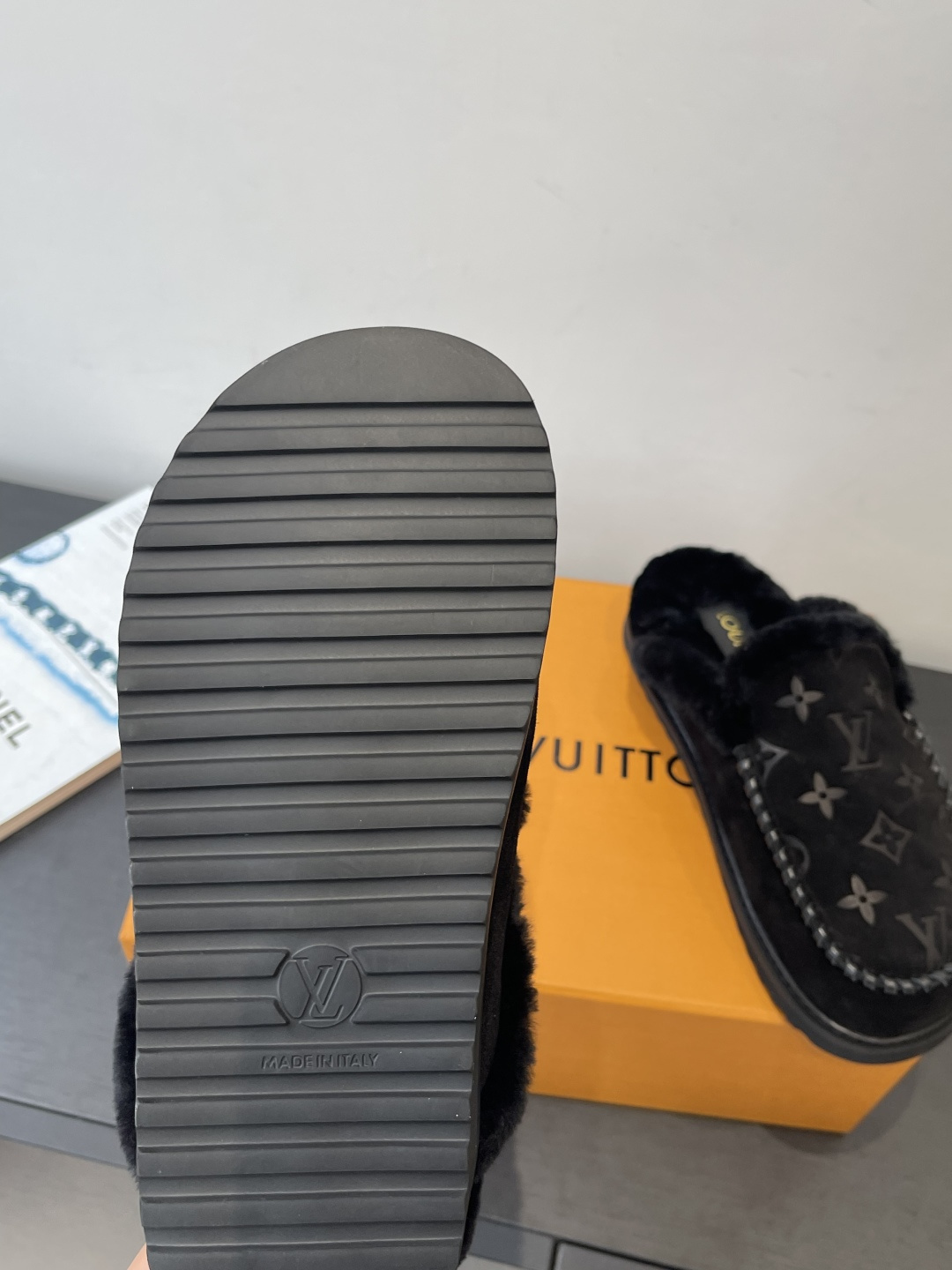 Louis Vuitton Black Monogram Suede Slippers with Fur Lining