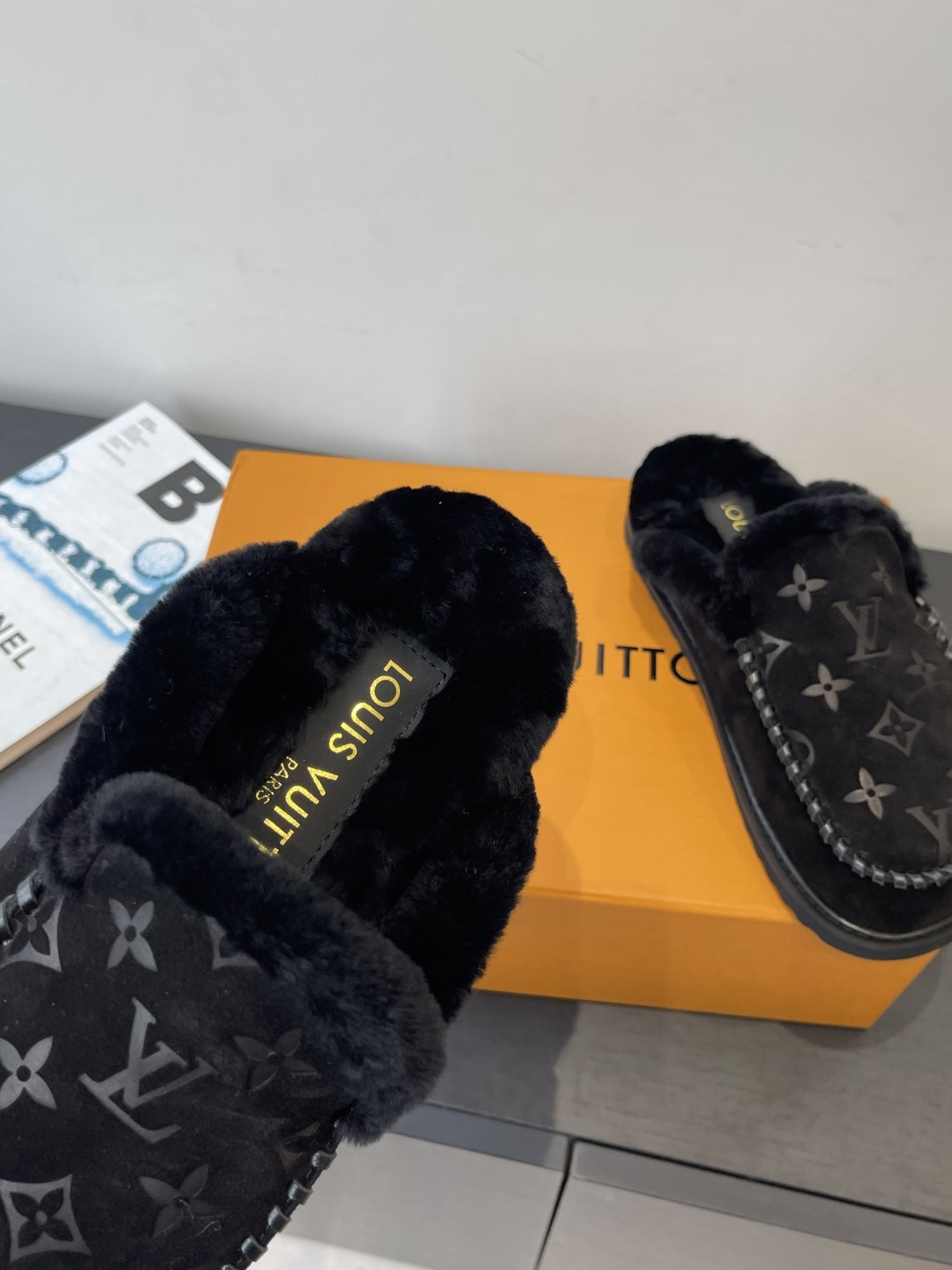 Louis Vuitton Black Monogram Suede Slippers with Fur Lining