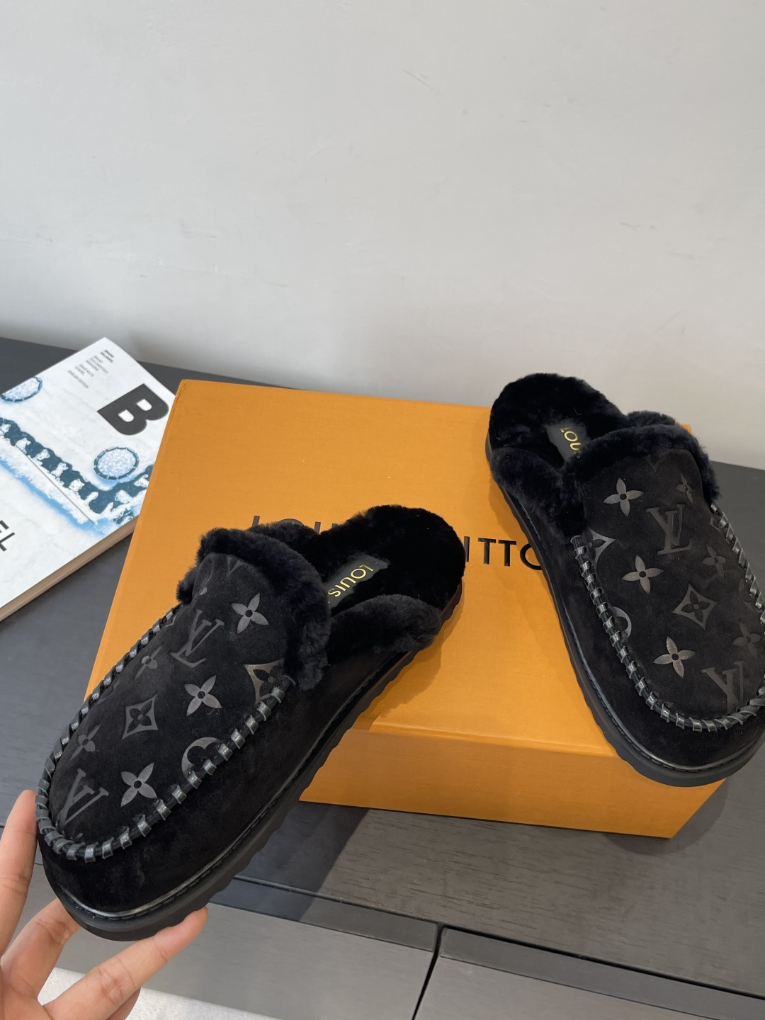 Louis Vuitton Black Monogram Suede Slippers with Fur Lining