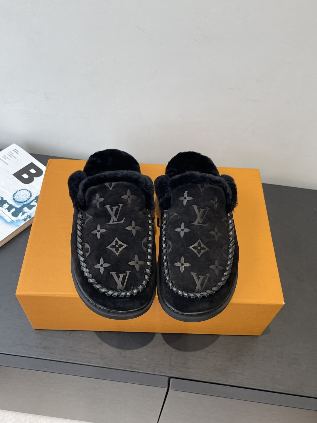 Louis Vuitton Black Monogram Suede Slippers with Fur Lining