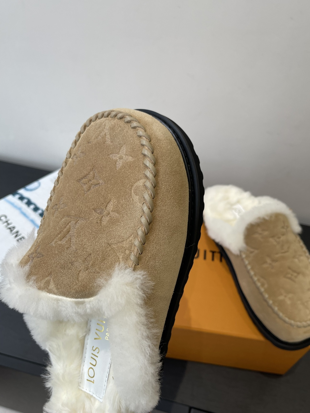Louis Vuitton Monogram Suede Slippers with Faux Fur Lining