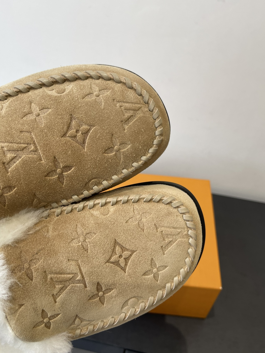 Louis Vuitton Monogram Suede Slippers with Faux Fur Lining