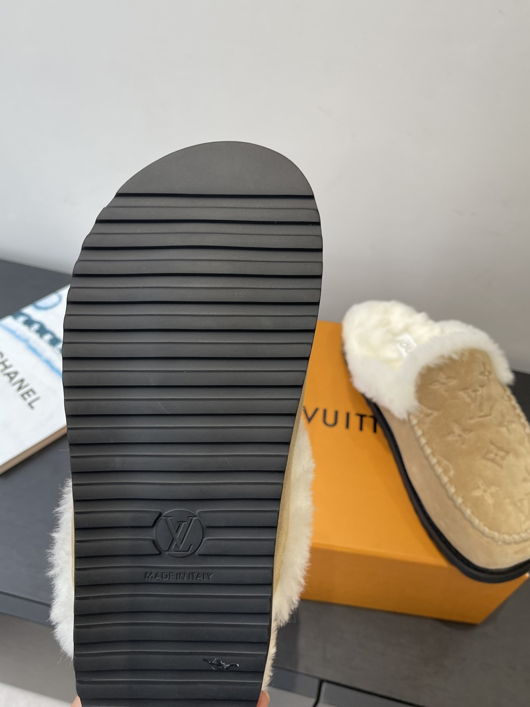 Louis Vuitton Monogram Suede Slippers with Faux Fur Lining