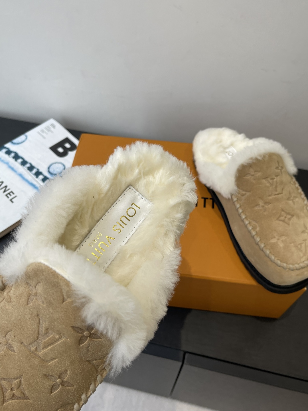 Louis Vuitton Monogram Suede Slippers with Faux Fur Lining