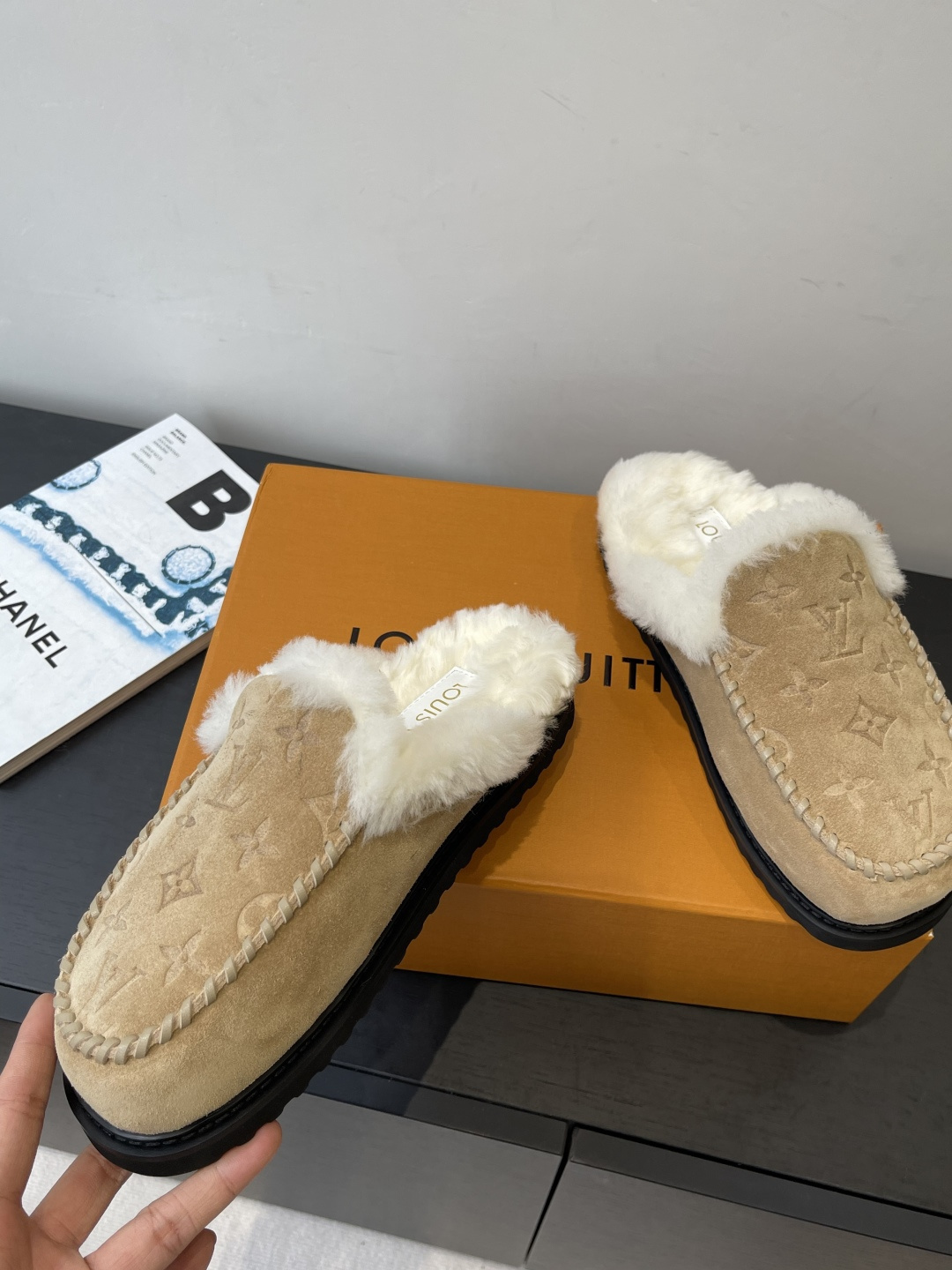 Louis Vuitton Monogram Suede Slippers with Faux Fur Lining