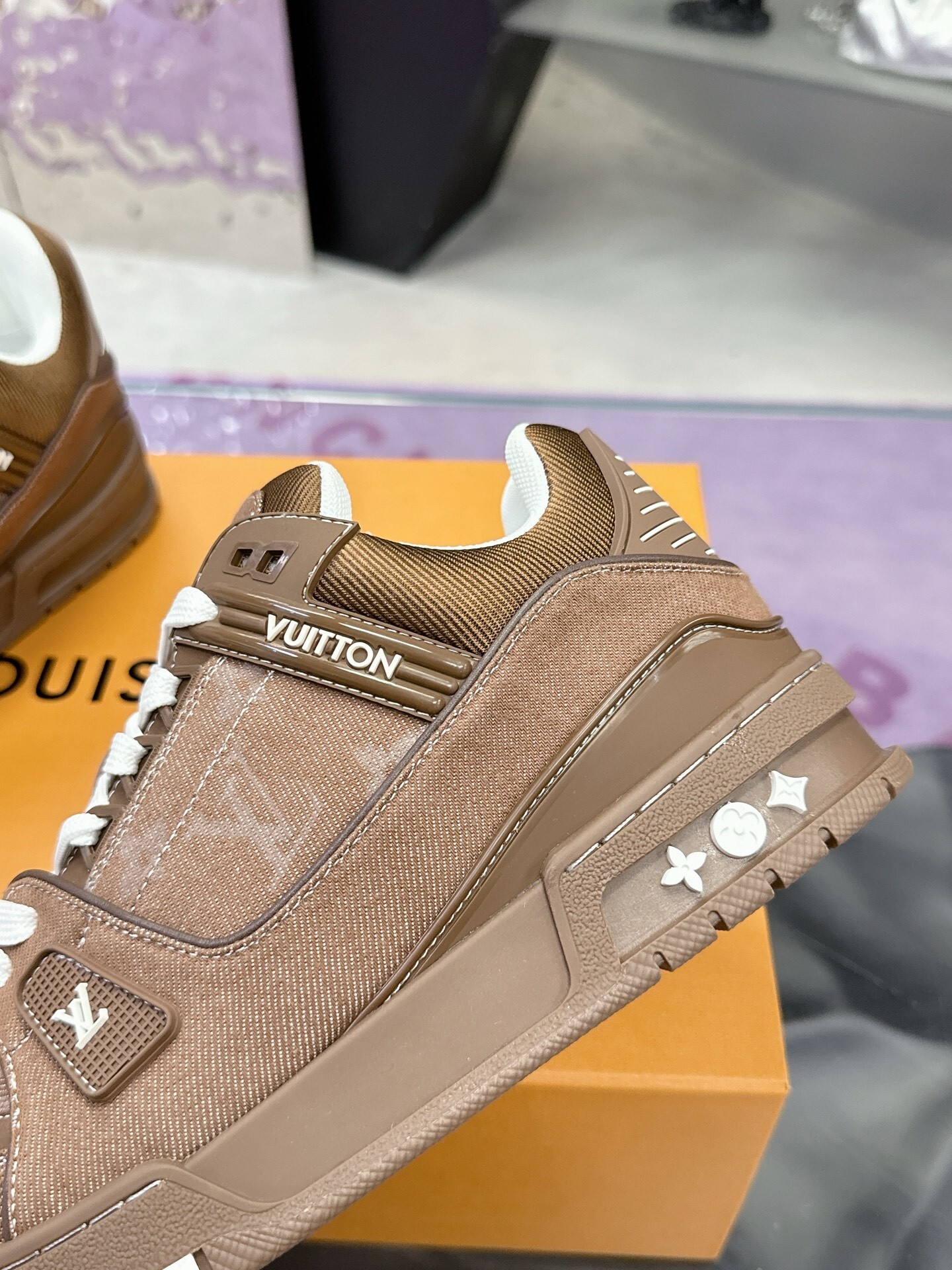 LV Trainer Sneaker Brown Monogram Denim Luxury Men's Shoes