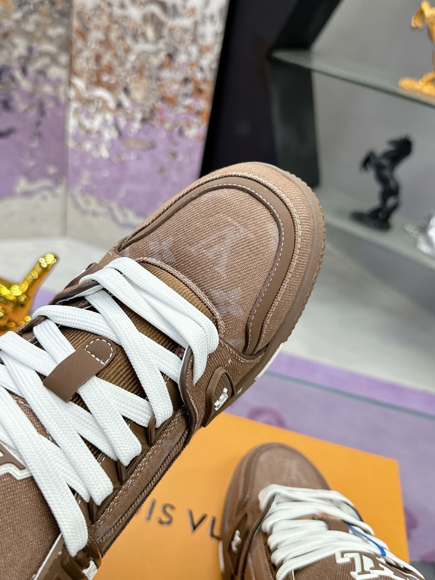 LV Trainer Sneaker Brown Monogram Denim Luxury Men's Shoes