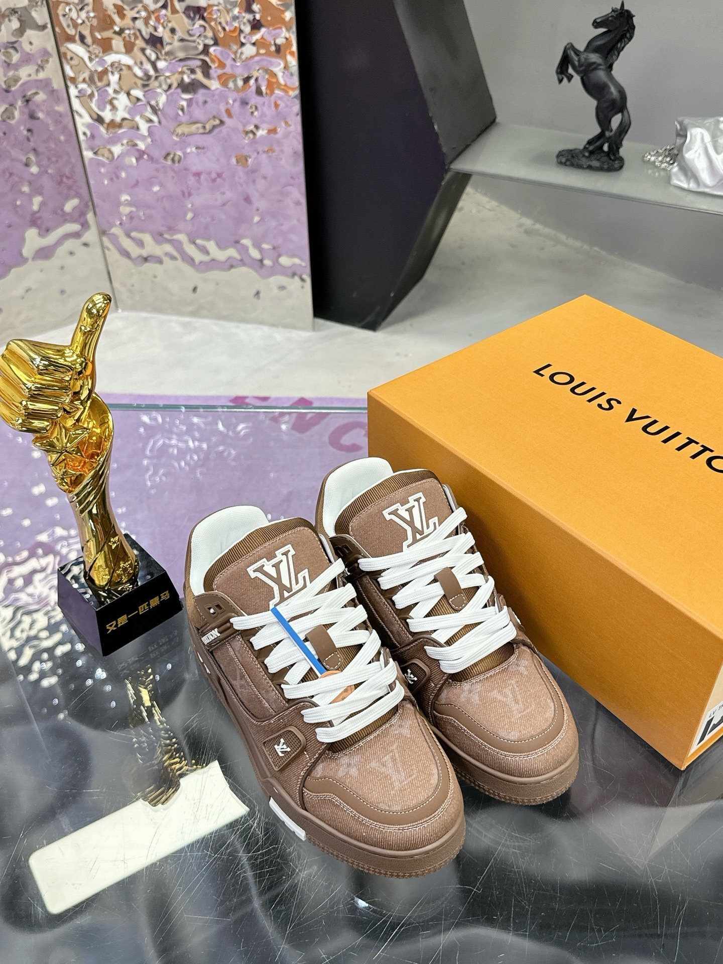 LV Trainer Sneaker Brown Monogram Denim Luxury Men's Shoes