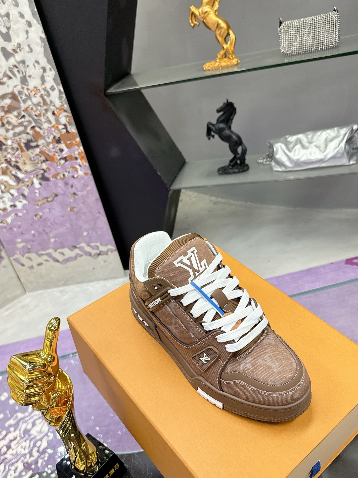 LV Trainer Sneaker Brown Monogram Denim Luxury Men's Shoes