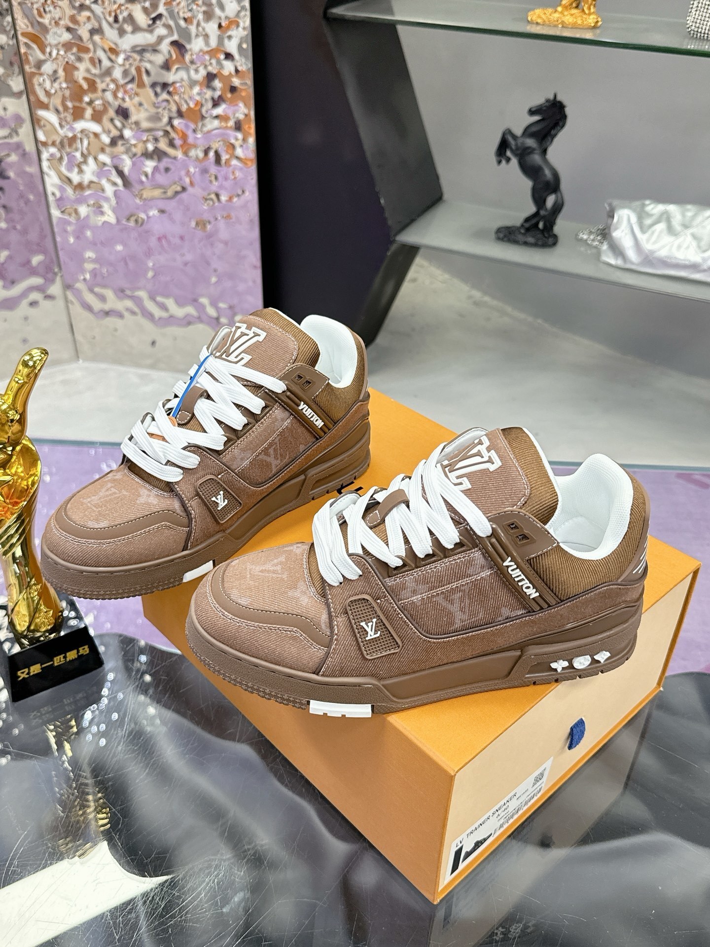 LV Trainer Sneaker Brown Monogram Denim Luxury Men's Shoes