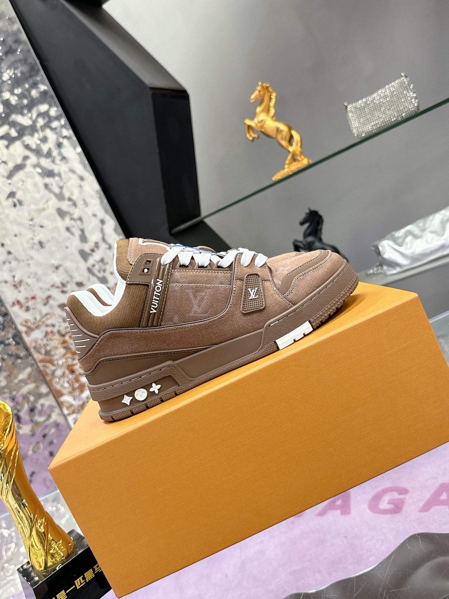 LV Trainer Sneaker Brown Monogram Denim Luxury Men's Shoes